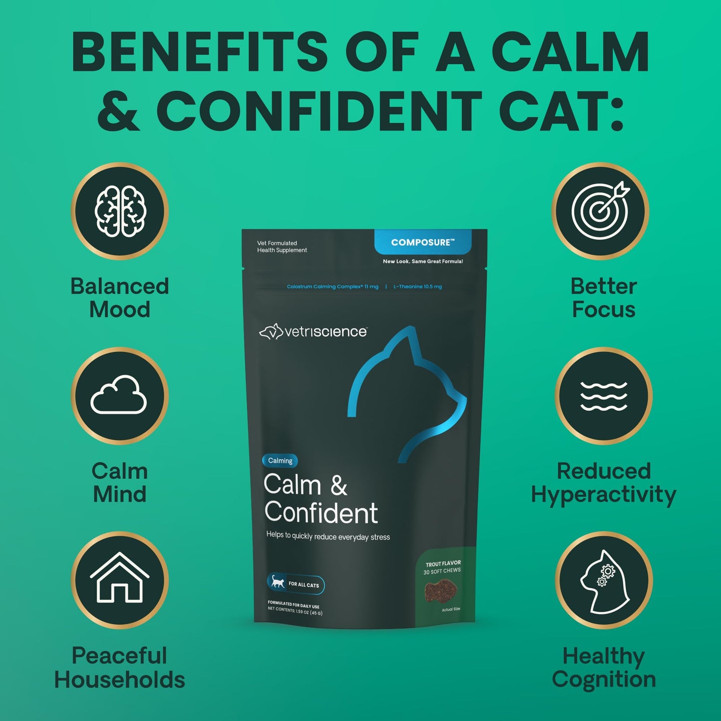 VetriScience Calm & Confident Chews, Composure Calming and Anxiety Supplement for Cats, Reduce Stress and Fear, Ideal for Travel, Vet, Grooming and Routine Changes, Trout, 30 Count