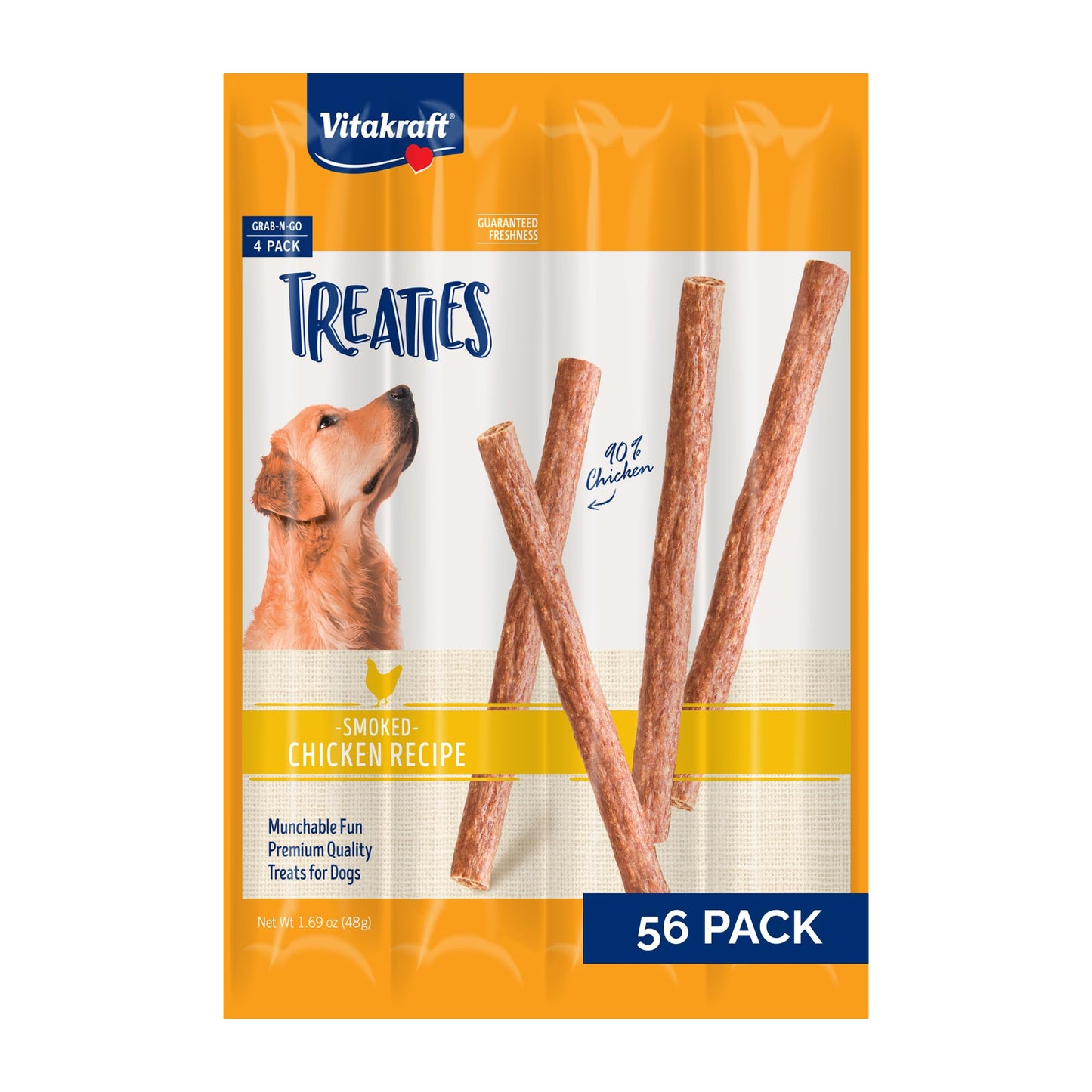 Vitakraft Treaties Dog Chew Sticks - Treats Made with 90% Chicken - Soft Jerky Treats - Dog Chews No Rawhide, 56-Sticks