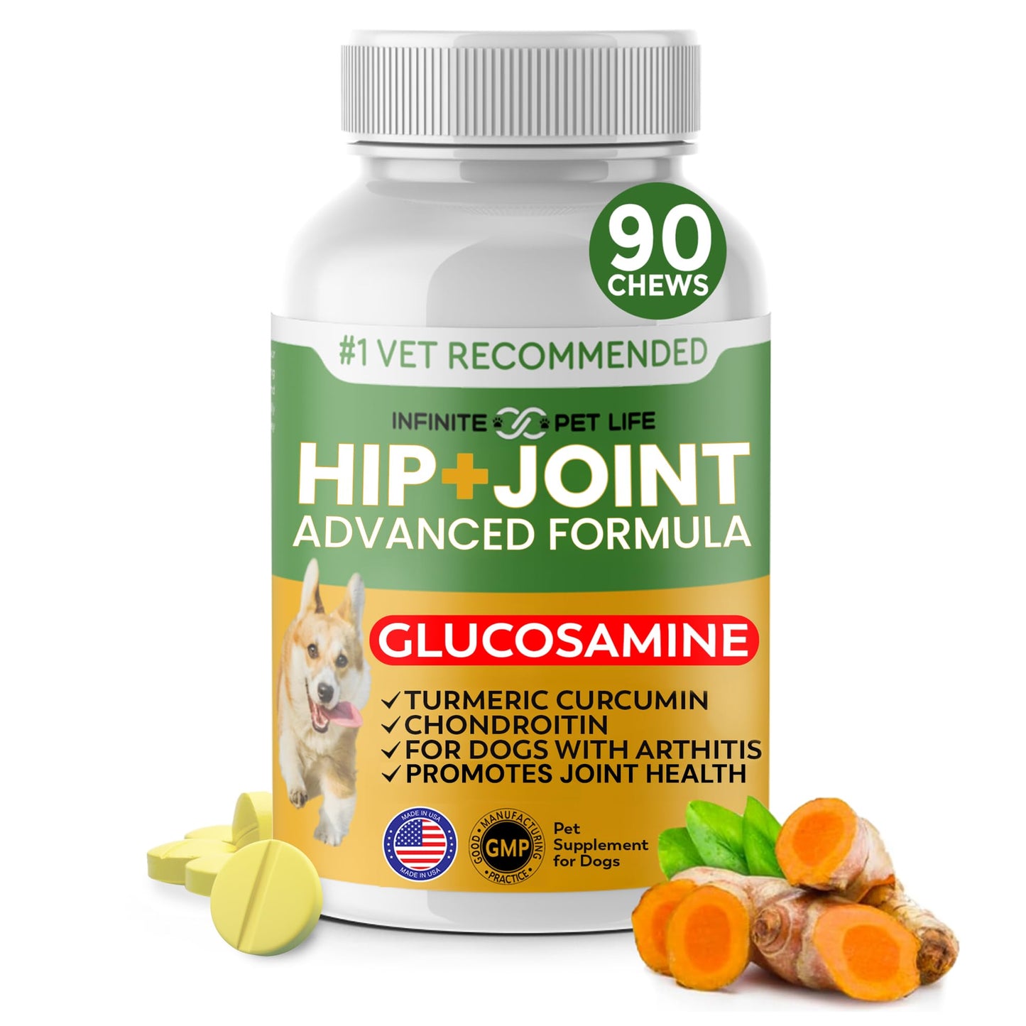 Advanced Hip and Joint Supplement for Dogs All Breeds - Glucosamine for Dogs Mobility & Pain Relief - All Natural Chondroitin, MSM & Turmeric Dog Joint Supplement - 90 Chewable Tablets
