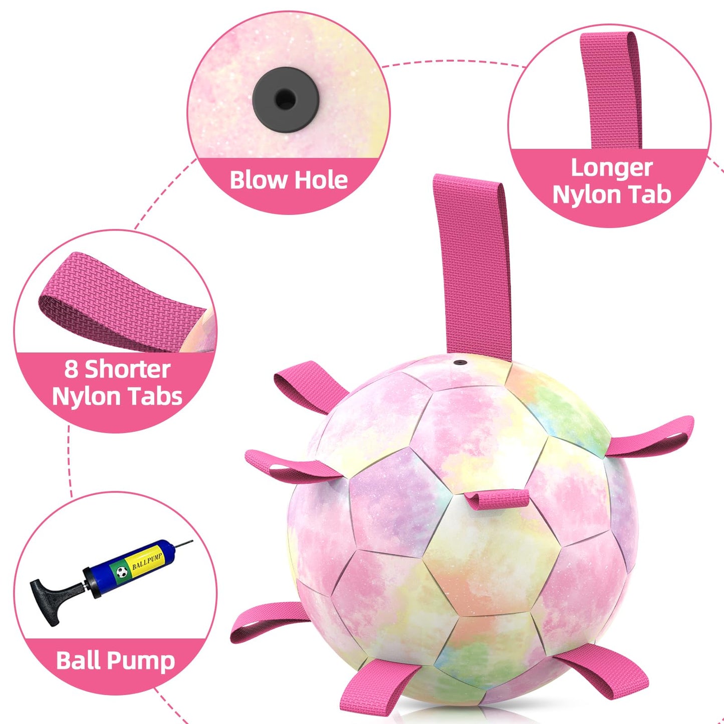 QDAN Premium Dog Toys Soccer Ball with Straps, Puppy Balls for Small Medium Dogs, Dog Water Toys Pool Toys, Puppy Dogs Pet Birthday Gifts, Rainbow（6 Inch）