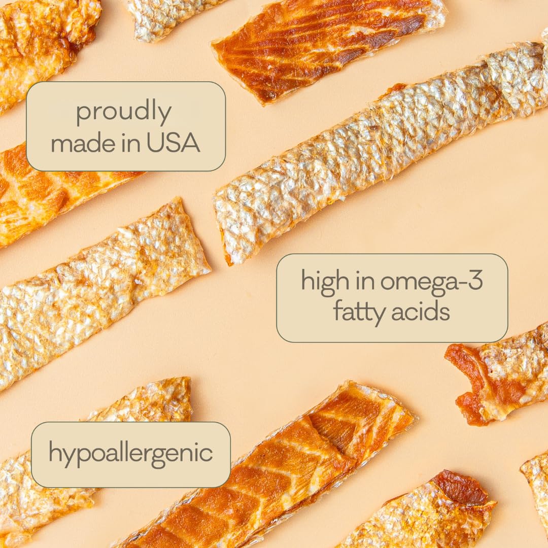 Polkadog Salmon Skins for Dogs (3oz Shortie) – All-Natural Dog Treats – Made in USA, Single Ingredient, Omega-3 Rich, Grain-Free & Hypoallergenic Salmon Jerky for All Breeds