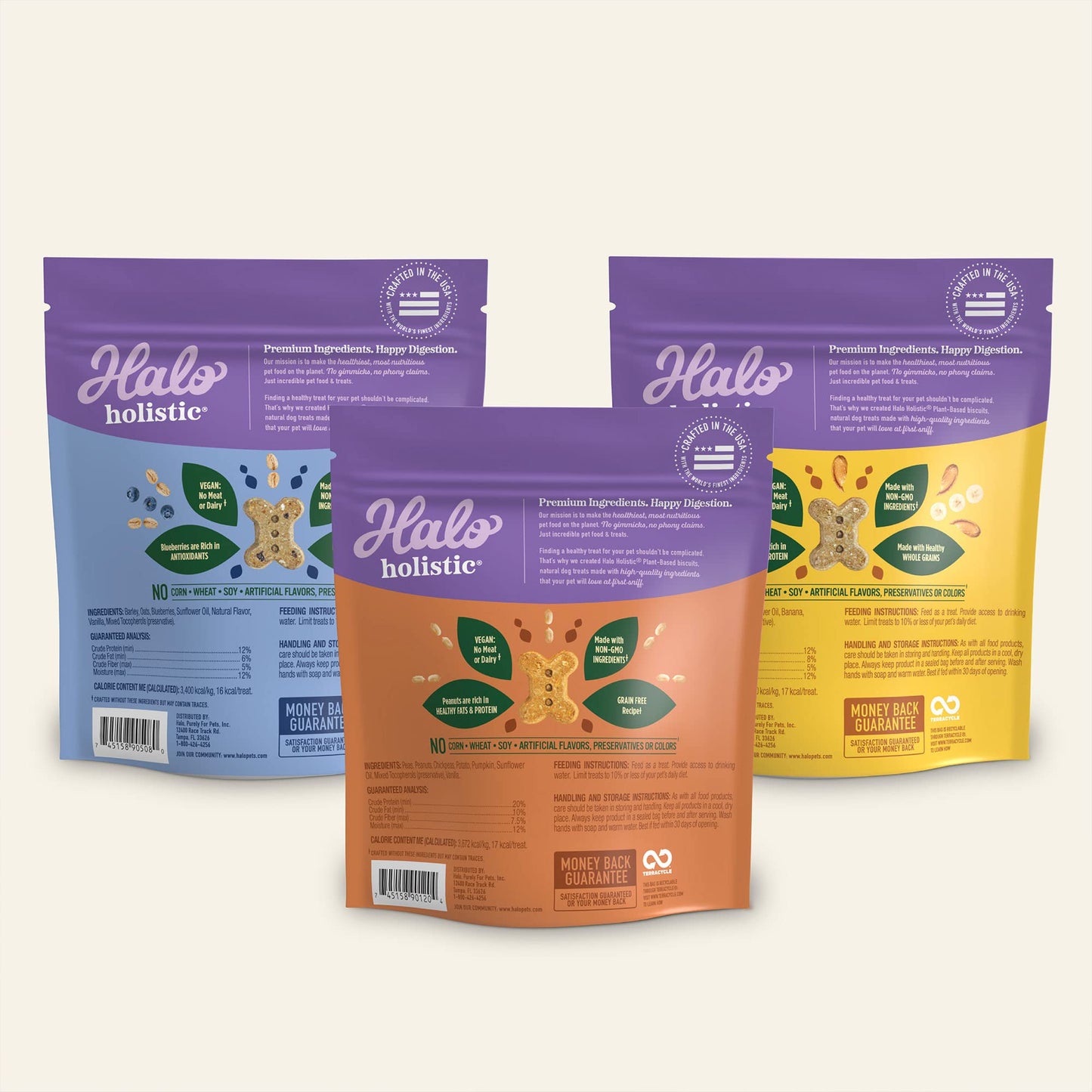 Halo Holistic Vegan Dog Treats Variety Pack, Plant-Based Three Bag Treat Pack with Oats & Blueberries, Peanut Butter & Banana, Peanuts & Pumpkin, 8 Oz Bag(Pack of 3)