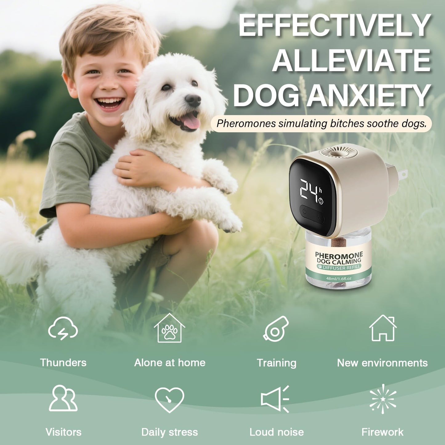 Dog Calming Pheromones Diffuser 4 in 1 Appeasing Relaxing Diffuser with Timing Function Pet Kit (2 Plug in +2 Refill 48ml) for Anxiety Relief Reduce Aggression Barking Fighting Stress (Tasteless)