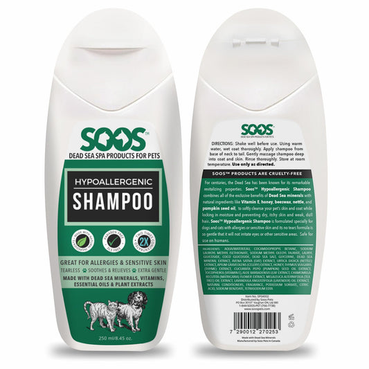 Soos Pet Shampoo Hypoaller-genic Cat and Dog Shampoo Natural Dead Sea Minerals Fast Absorbing Soothes Skin Irritation with Vitamins Essential Oils - 1 Pack (250ml)