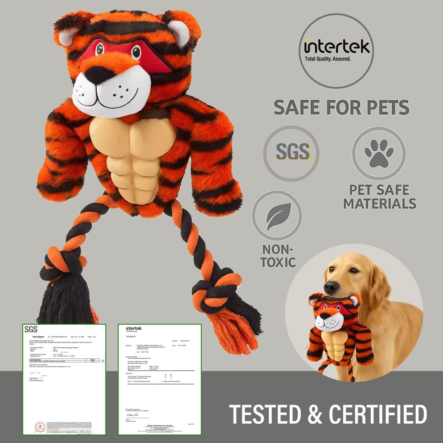 Calibonbon Durable Rope & Plush Dog Toy for Aggressive Chewers – Muscle Tiger Squeaky Tug Toy for Medium & Large Dogs, Interactive Chew & Play