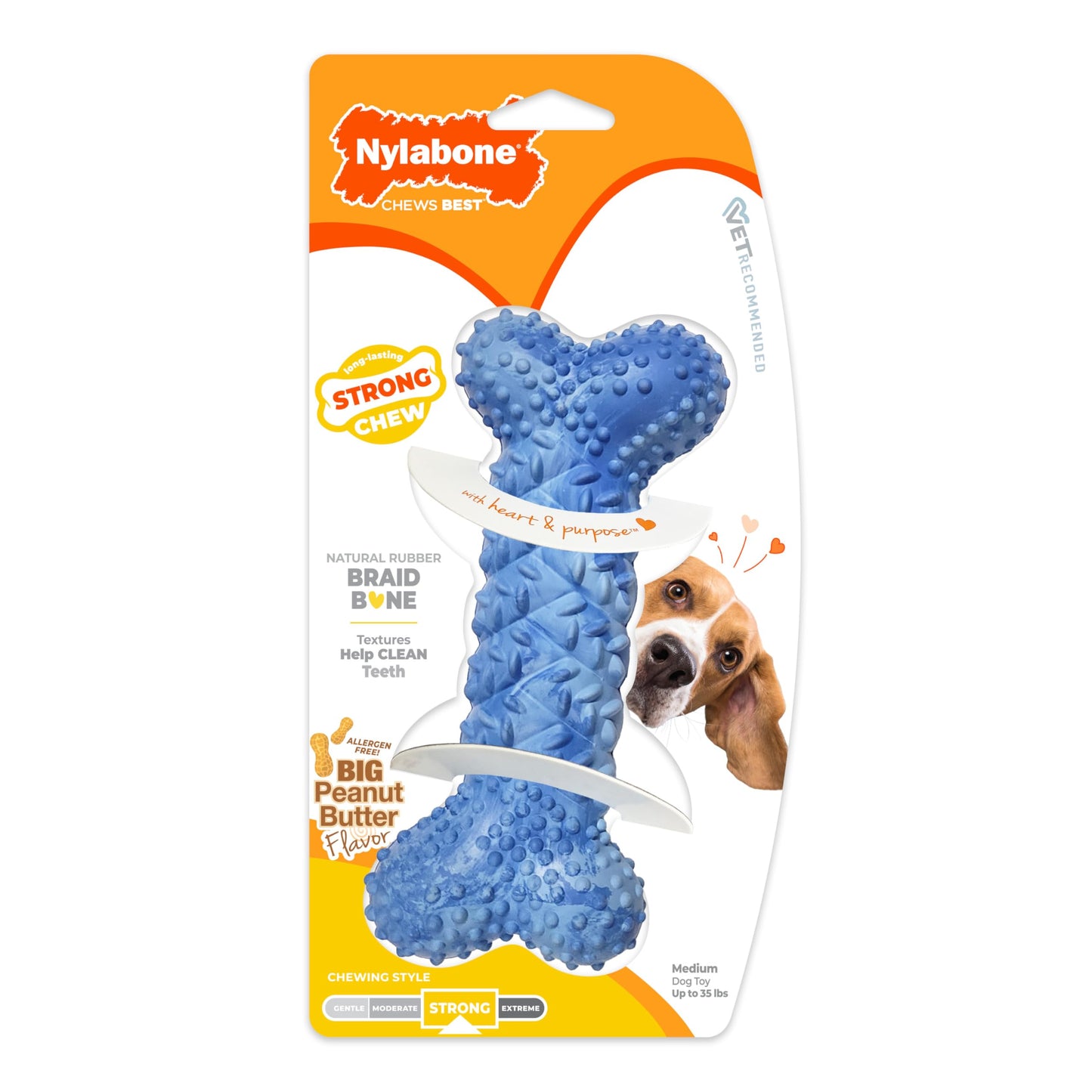 Nylabone Braid Bone Strong Chew Toy for Dogs, Natural Rubber Dog Toy for Moderate & Aggressive Chewers, Peanut Butter Flavor, Medium Dogs - Up to 35 lbs, 1 Count