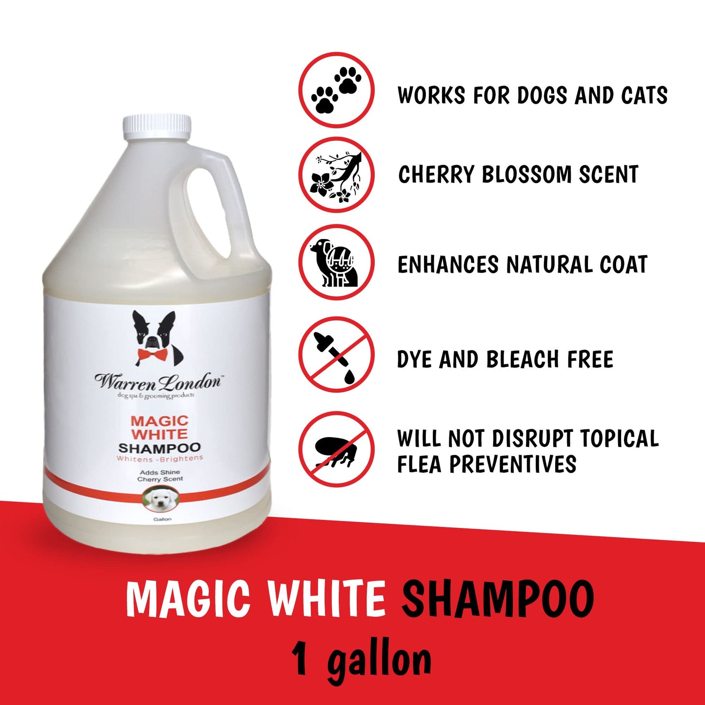 Warren London - Magic Bright Dog Shampoo, Whitening Shampoo for White Dogs & Lighter Dog Coats, Grooming Supplies are Puppy and Cat Safe, Cherry Blossom Scent, 128 Ounce, Made in USA