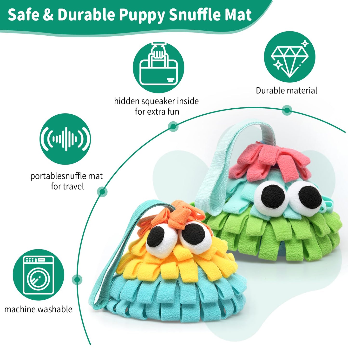 QDX Snuffle Mat for Dogs with Squeaky, Interactive Dog Puzzle for Boredom, Slow Eating, Training Foraging Skills and Stress Relief, Pet Treat Feeding Mat for Dogs Cats (Orange Yellow Blue, Regular)