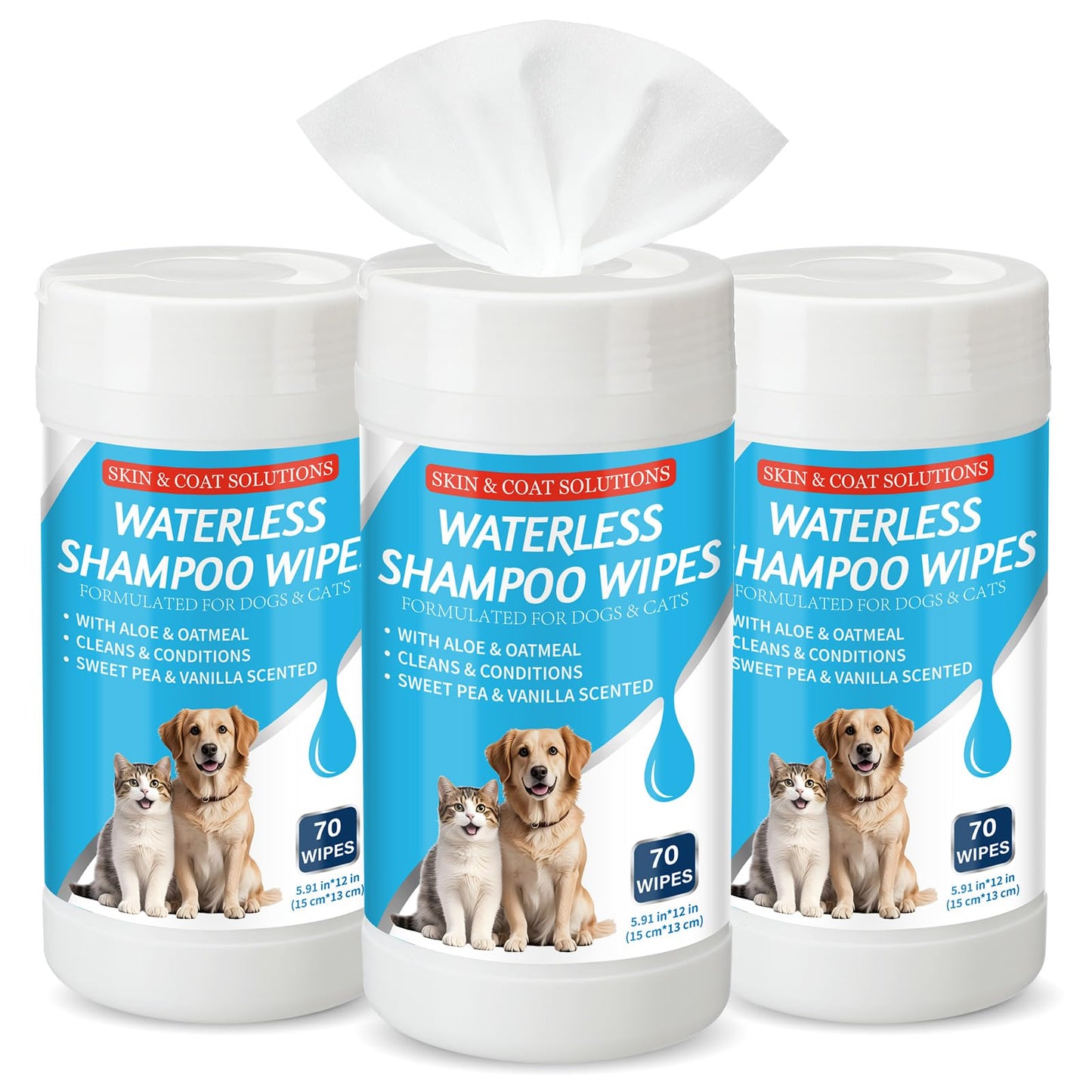 Threlaco 3 Pcs 210 Count Waterless Shampoo Wipes for Dogs Cats 5.91 x 5.12 Inches Dry Pet Bath Cleaning Wipes Safe Disposable for Puppy Cat Cleaning Fur, Deodorizing, Grooming, Sweet Pea Vanilla