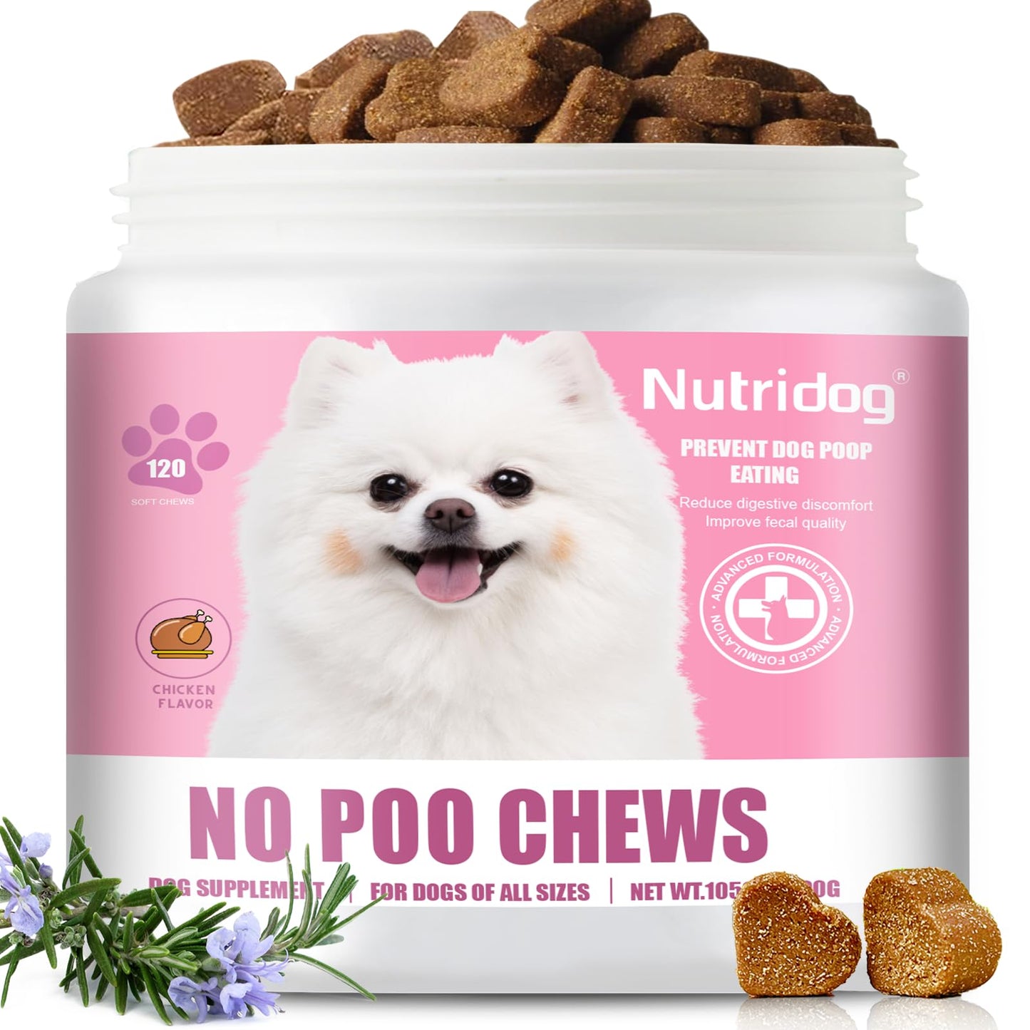 NutriDog No Poo Chews for Dogs - 120 Ct Chicken Flavor - Coprophagia & Stool Eating Deterrent with Probiotics, Digestive Enzymes & Breath Aid - Stop Dog Poop Eating - Gut Health (Chicken)