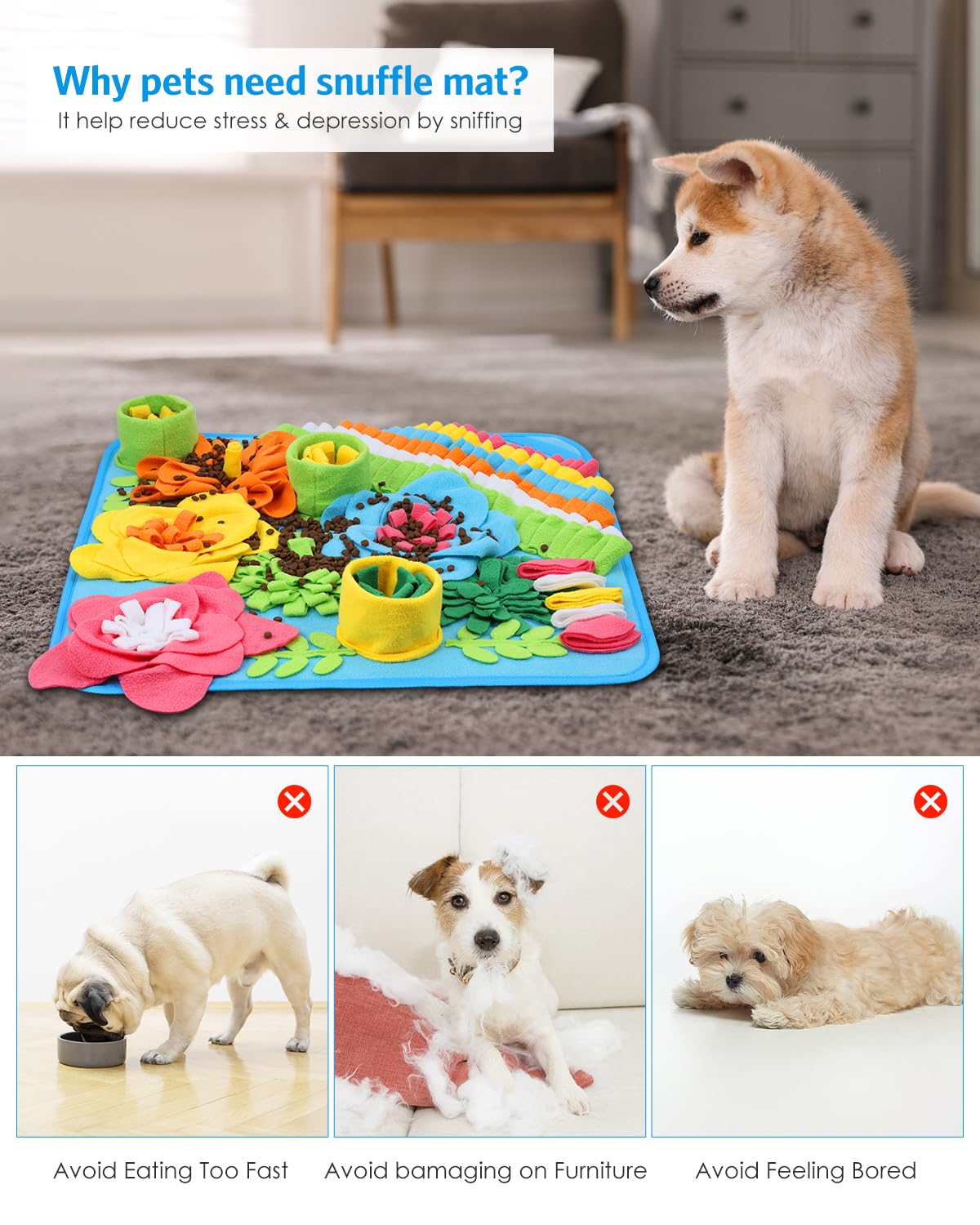 AMIR Snuffle Mat for Dogs, Sniff Mat Slow Feeding, Encourages Natural Foraging Skills, Slow Eating, Help Stress Relief and Training, Large Snuffle Mat, Dog Puzzle Toys, 20 inch