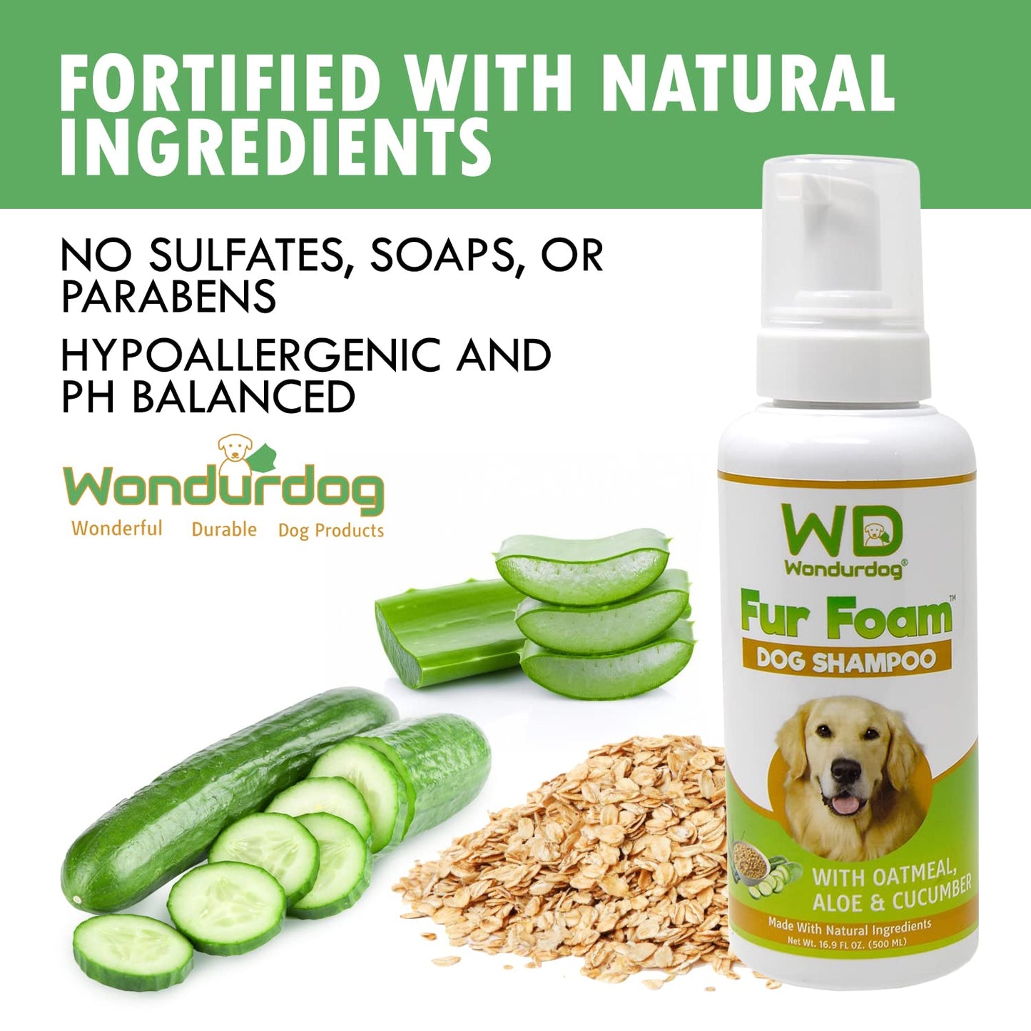 Wondurdog Fur Foam Dog Shampoo with Oatmeal, Coconut and Aloe. Hypoallergenic, Softens Coat, Moisturizes Dry Skin, Restores Shiny, Lathers from Bottle. (16.9oz)