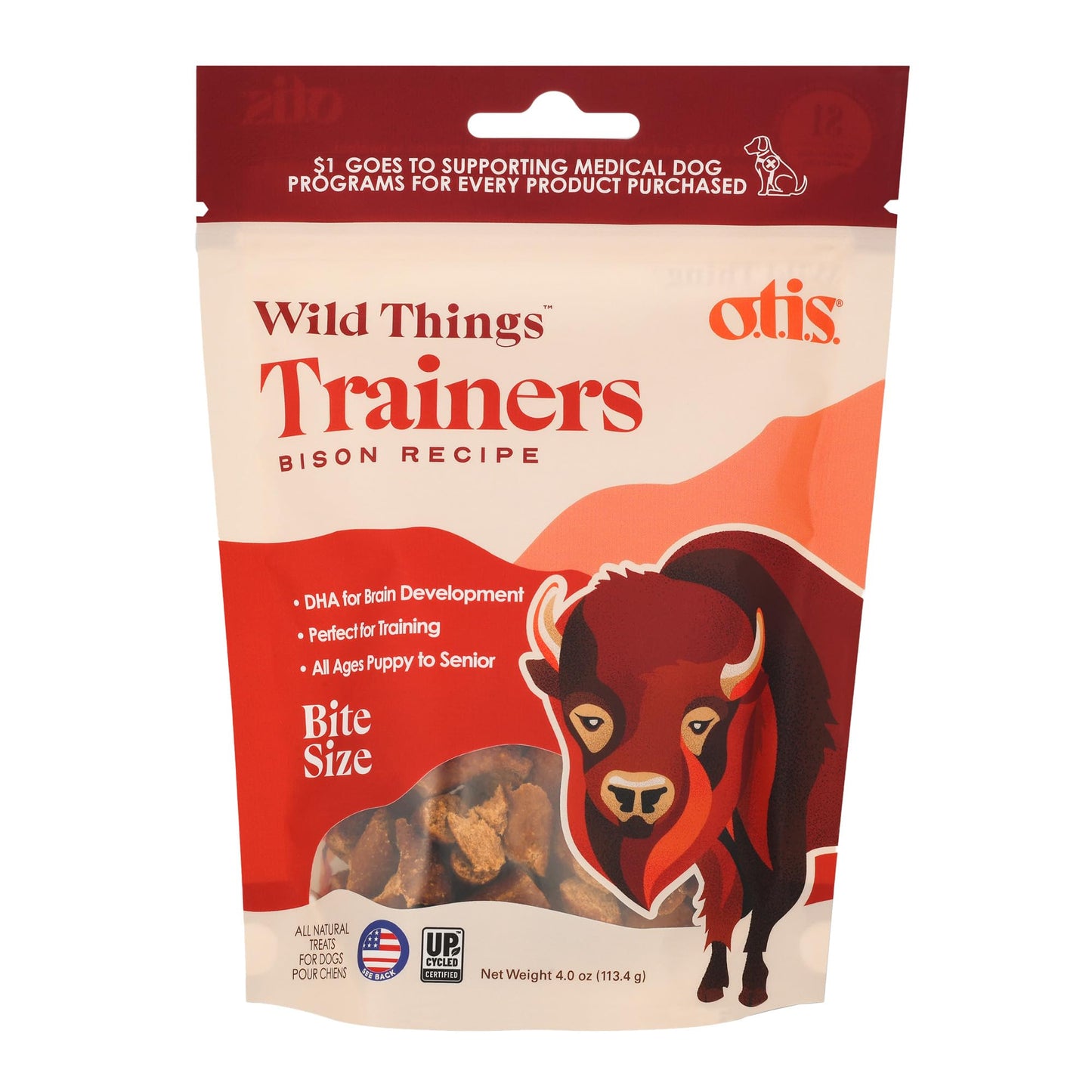 O.T.I.S. Wild Things Trainers Bison Recipe – 4 oz – Bite-Size Dog Training Treats with DHA, Ashwagandha & L-Theanine – GMO-Free – No Hormones or Artificial Additives