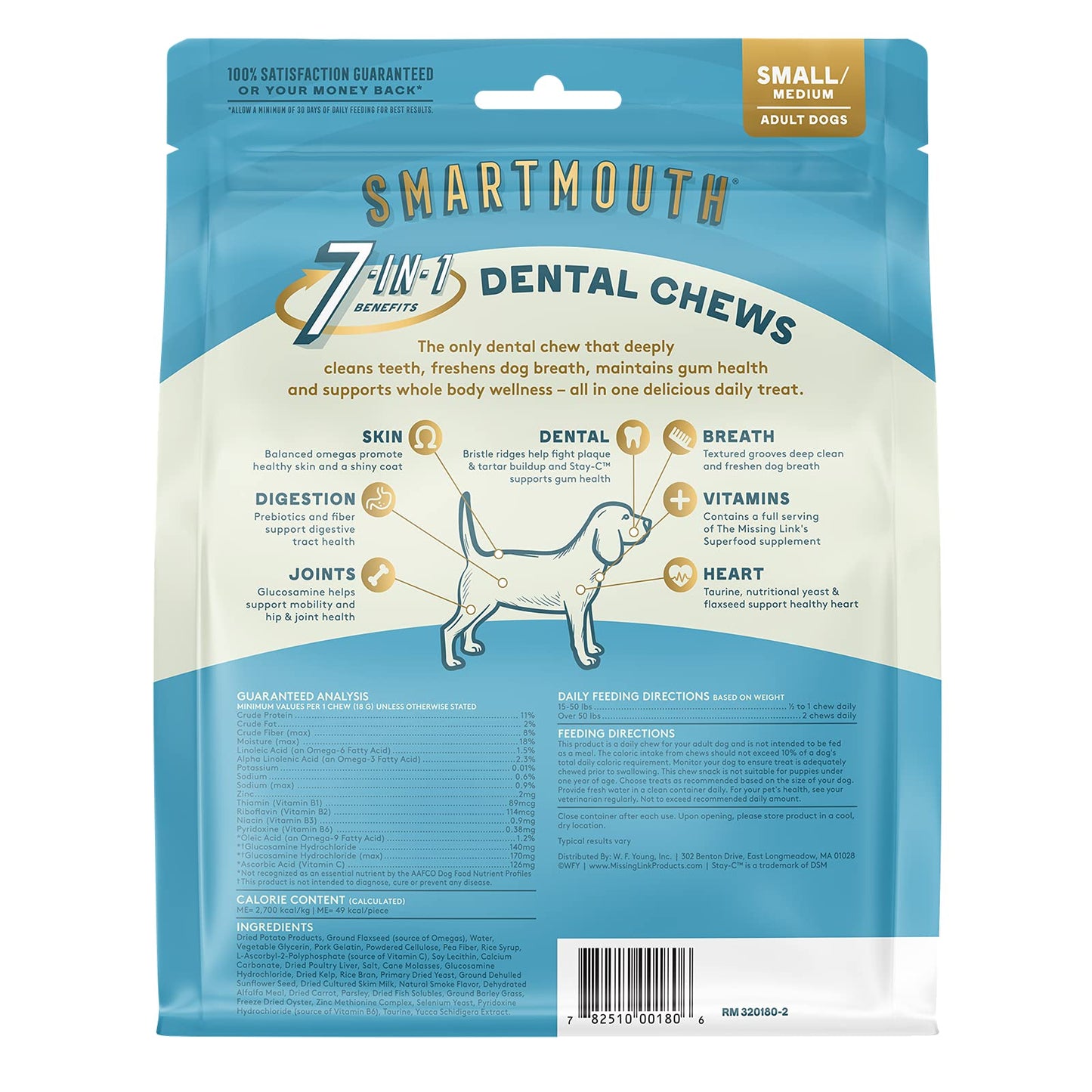 The Missing Link Smartmouth Vet Developed Dental Chew Treats, 7-in-1 Benefits: Healthy Teeth & Gums, Breath, Skin, Joints, Digestion, Heart, Immune System – Small/Medium 15-50lb Dogs, 28 Ct