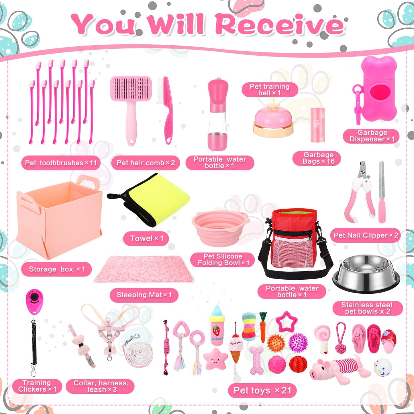 PullCrease 65 Pcs Puppy Supplies Starter Kit Small Dog Essentials Includes Dog Leash, Toys, Bowl, Brushes, Water Bottles, pet Blankets Puppy Accessories for New Welcome Gift Supplies(Cute,Pink)