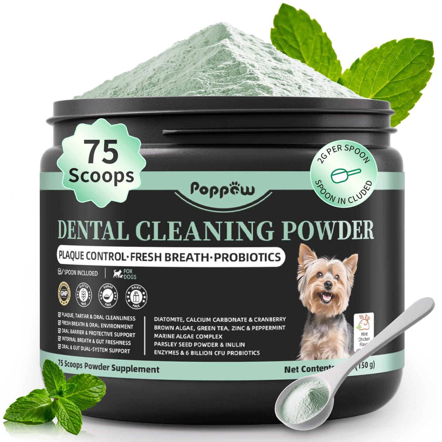 POPPAW Dog Dental Powder – Teeth Cleaning Powder with 6B CFU Probiotics, Enzymes & Antioxidants, Plaque & Tartar Off, Fresh Breath Support, No Brushing Oral Care, Mint Chicken Flavor, 75 Servings