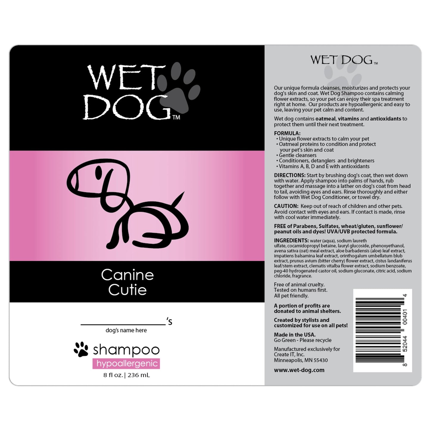 Wet Dog Canine Cutie All-Natural Organic Oatmeal Sensitive Skin Shampoo for Female Dogs, Moisturizing Detangling Deshedding Hypoallergenic for Itchy Skin