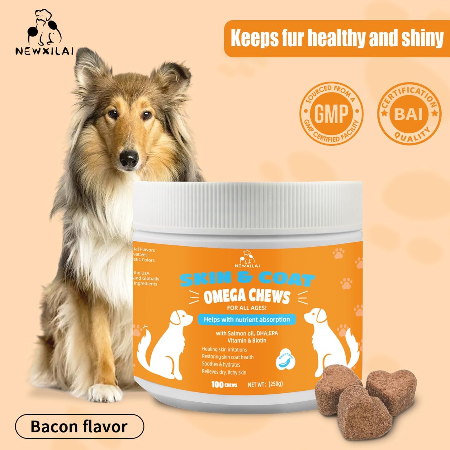 Skin and Coat Chews for Dogs - Itchy Skins Dog Supplement Support Hot Spots Comfort and Shedding Allergy Joint Health with Omega 3 Fish Oil, EPA & DHA Fatty Acids, Bacon Flavor 100 Count Softs Treats