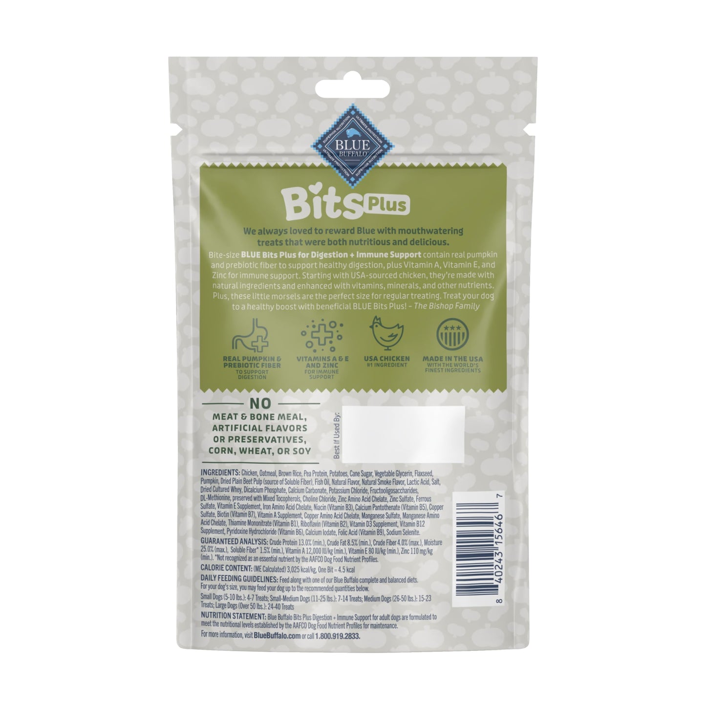 Blue Buffalo Blue Bits Plus Digestion and Immune Support Daily Benefit Dog Treats, Soft & Chewy Chicken and Pumpkin Morsels, 3.5-oz. Bag