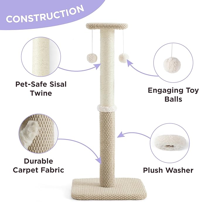 Lesure 34" Tall Cat Scratching Post - Premium Sisal Rope Highly Resistant Carpet Scratching Posts for Indoor Cats Adults, Sturdy Large Cat Scratch Pole with Hanging Ball, Beige(34 inch)