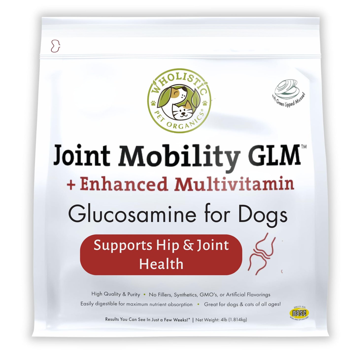 Wholistic Pet Organics Joint Supplement: Joint Mobility with Green Lipped Mussel Daily Joint Health Supplements for Dogs - Dog Glucosamine Powder with MSM, Probiotics, Vitamins, Minerals - 4 Lb