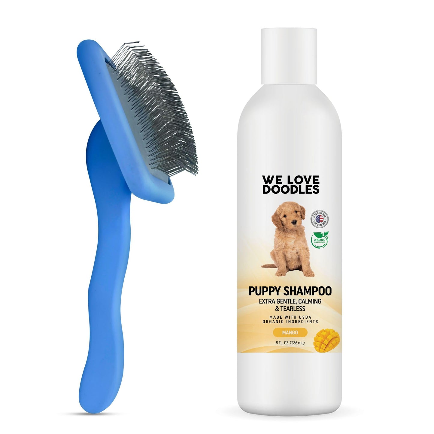 We Love Doodles Puppy Shampoo & Conditioner and Large Slicker Brush | Oatmeal Bathing | Sensitive & Itchy Skin Wash | Brush for Grooming Pet Hair | Removes Tangles & Matts | Organic - Made in USA