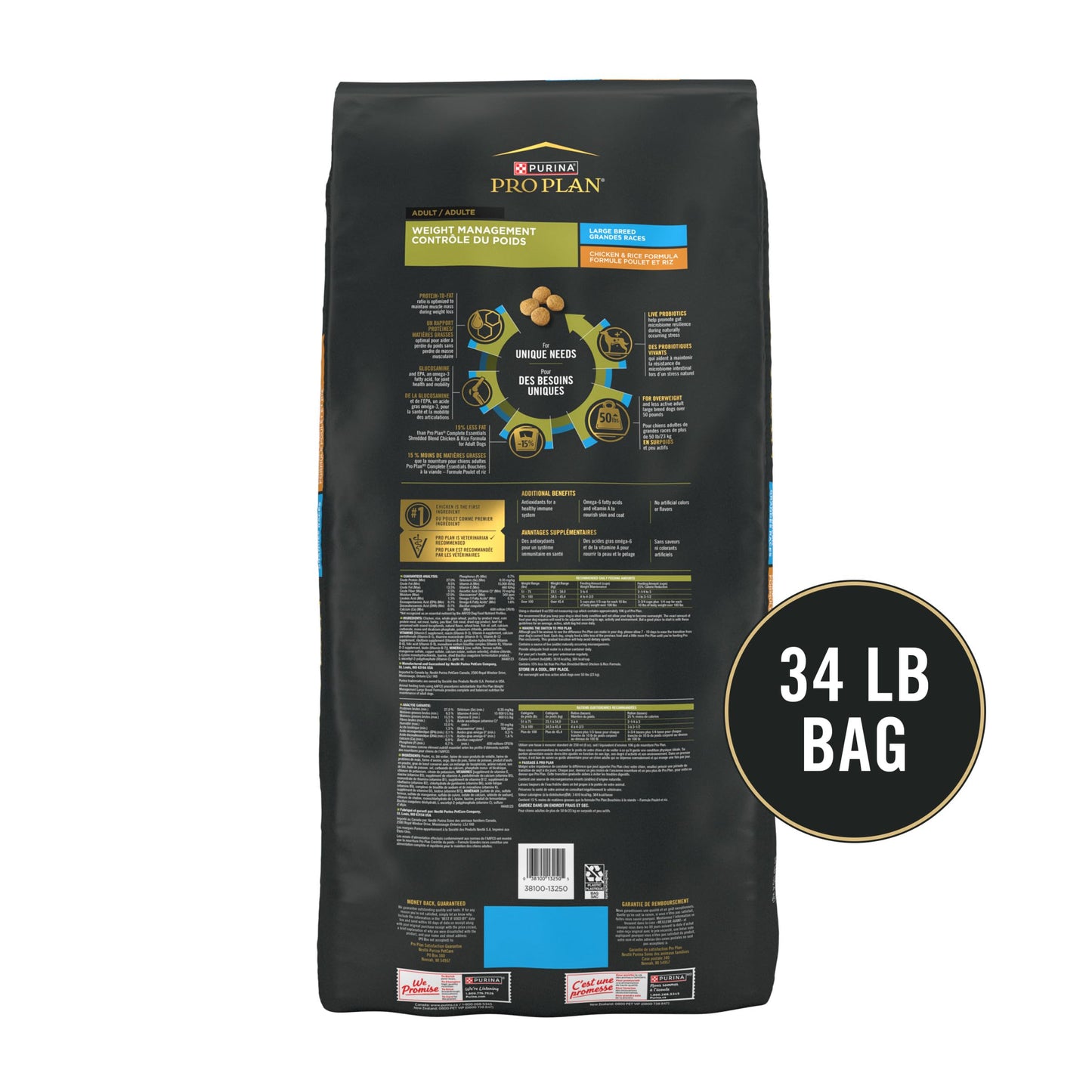 Purina Pro Plan Large Breed Weight Management Dry Dog Food, Chicken and Rice Formula - 34 lb. Bag