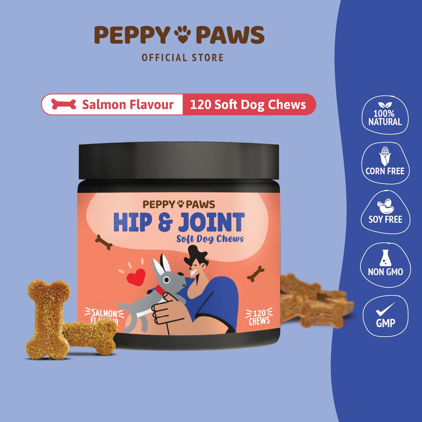 Peppy Paws Hip & Joint Supplement for Dogs – 120 Soft Chews | Glucosamine, Chondroitin, MSM, Turmeric | for Health Bone, Joint Pain Relief & Flexibility Support | Natural, Non-GMO | for All Dog Breeds