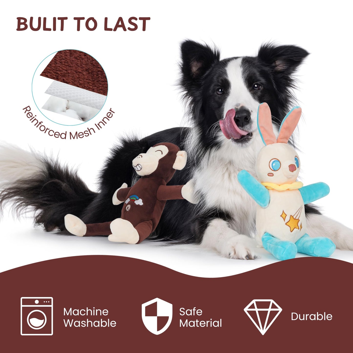 Nocciola Tearable Pull Rip Apart Monkey Dog Toy with Squeaker & Crinkle - Interactive Stuffed Plush Toy to Keep Dogs Busy, Pet Puzzle Enrichment Chew Toys for Small Medium Large Breeds