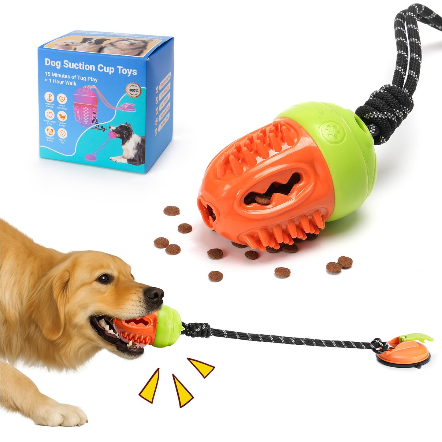 Interactive Dog Toys Tug of War, Stimulating Chew Toy Suction Cup Tug of War Enrichment Rope Boredom Busy Self Play Food Teething, Indestructible Puzzle Toys & Treat Dispensing Ball for Dog Enrichment
