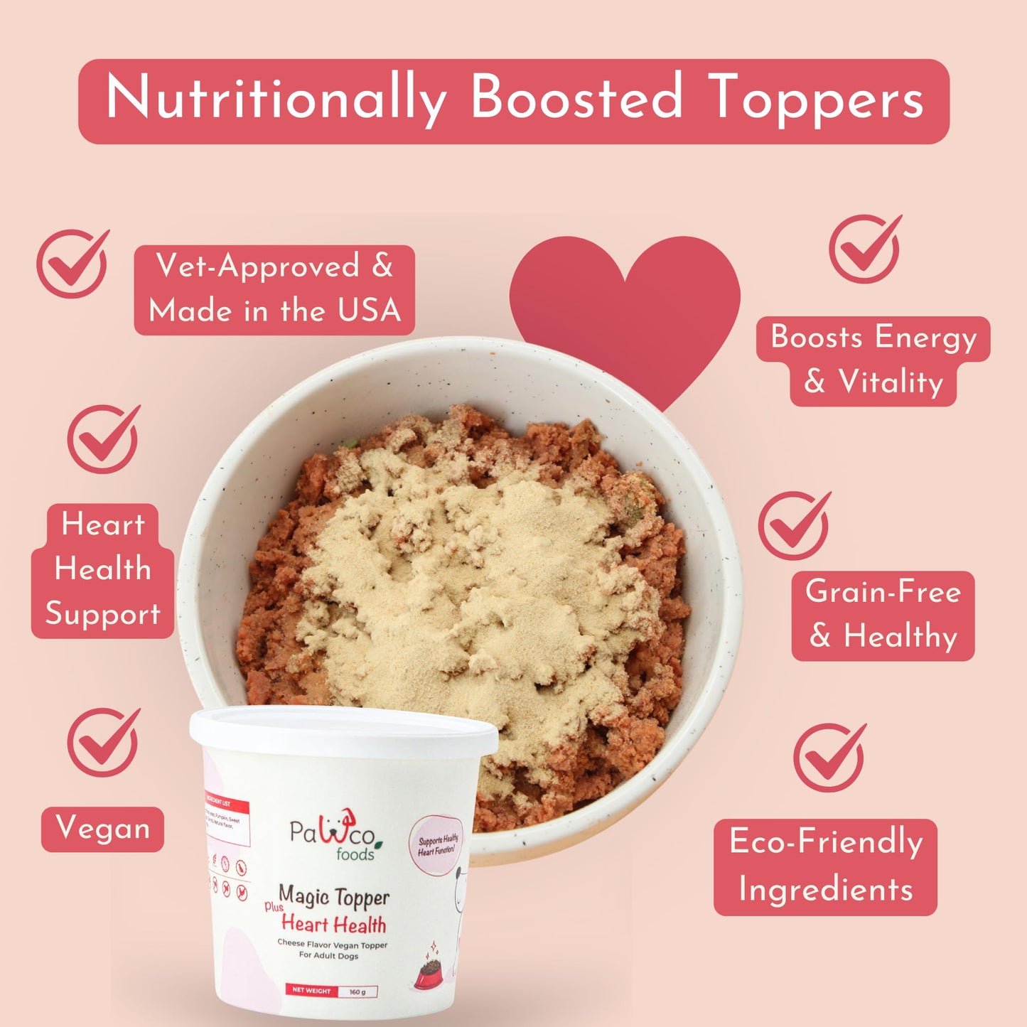 PawCo Magic Topper Heart Health - Dog Food Topper with Taurine, Grain-Free Meal Enhancer for Energy Support, 160g