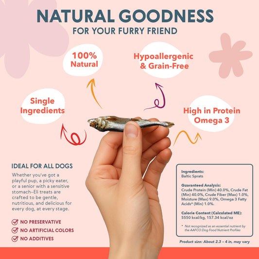 Eli Tiny Sprats – Natural Dog Treats, Whole Small Fish, High in Protein and Omega-3, Grain Free, Single Ingredient, No Additives, Gluten Free, Air Dried, Training Snack or Meal Topper – 2 Pack