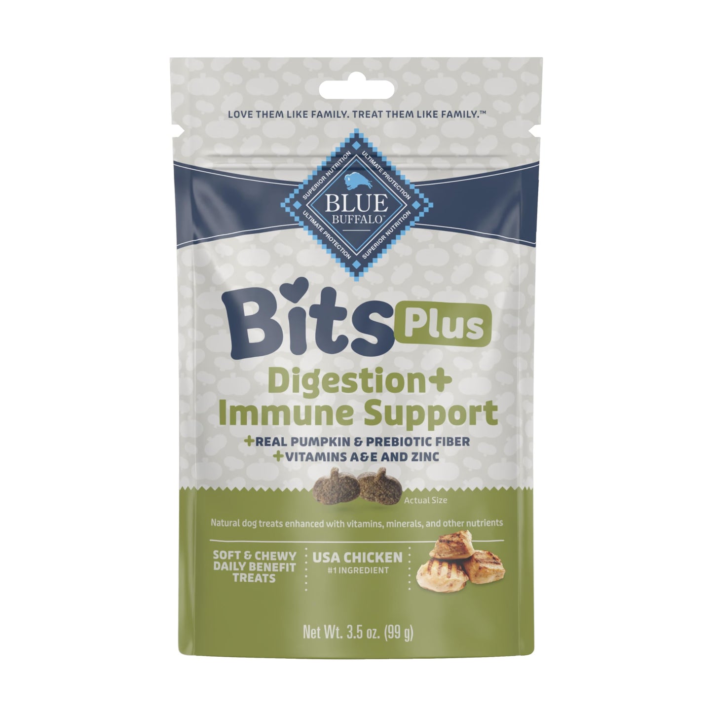Blue Buffalo Blue Bits Plus Digestion and Immune Support Daily Benefit Dog Treats, Soft & Chewy Chicken and Pumpkin Morsels, 3.5-oz. Bag
