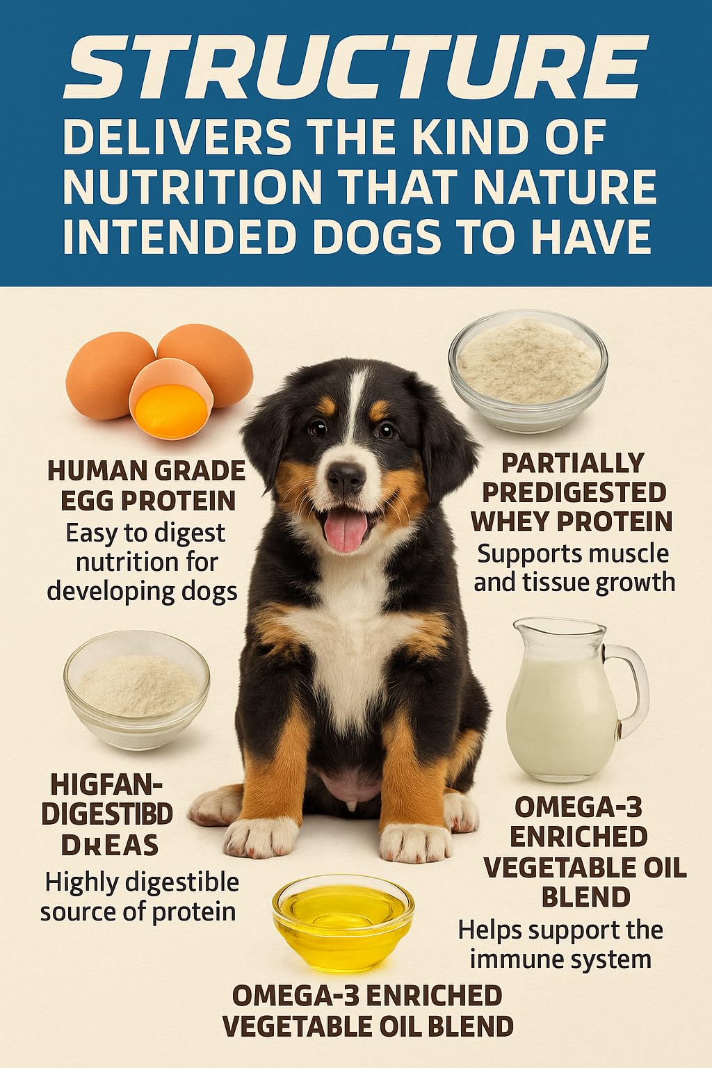 Structure by CPN – Puppy Growth Supplement – Supports Muscle, Bone & Immune Health – Human Grade Protein from Egg & Milk – with Probiotics, Enzymes & Omegas – for Puppies, Pregnant & Nursing Dogs