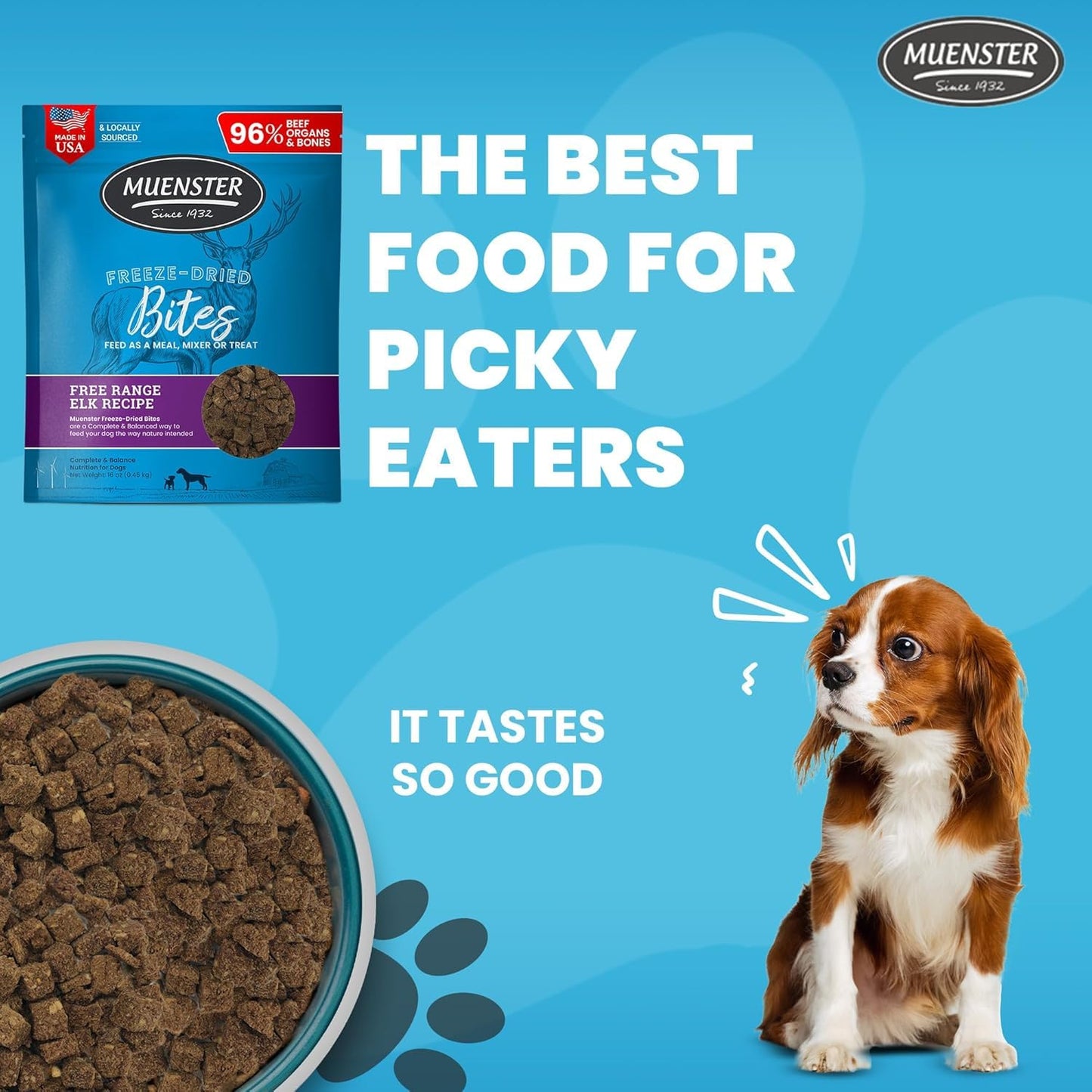 Muenster Freeze Dried Elk Bites - Dog Food, Treat, Mixer or Topper (16oz) - Grain-Free