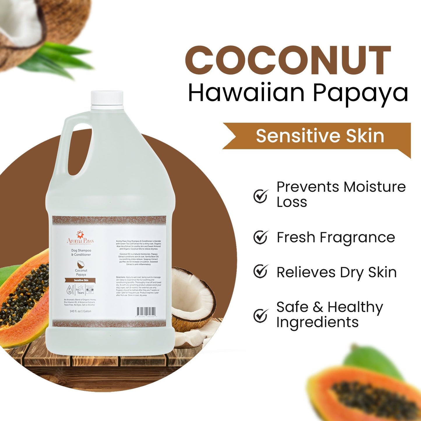 Aroma Paws Dog Shampoo – Cleansing Wash, Conditioning, Moisturizing – Healthy Ingredients – Aromatic Grooming Puppy Shampoo – Tearless Cleaner, Coconut Papaya, 1 Gallon