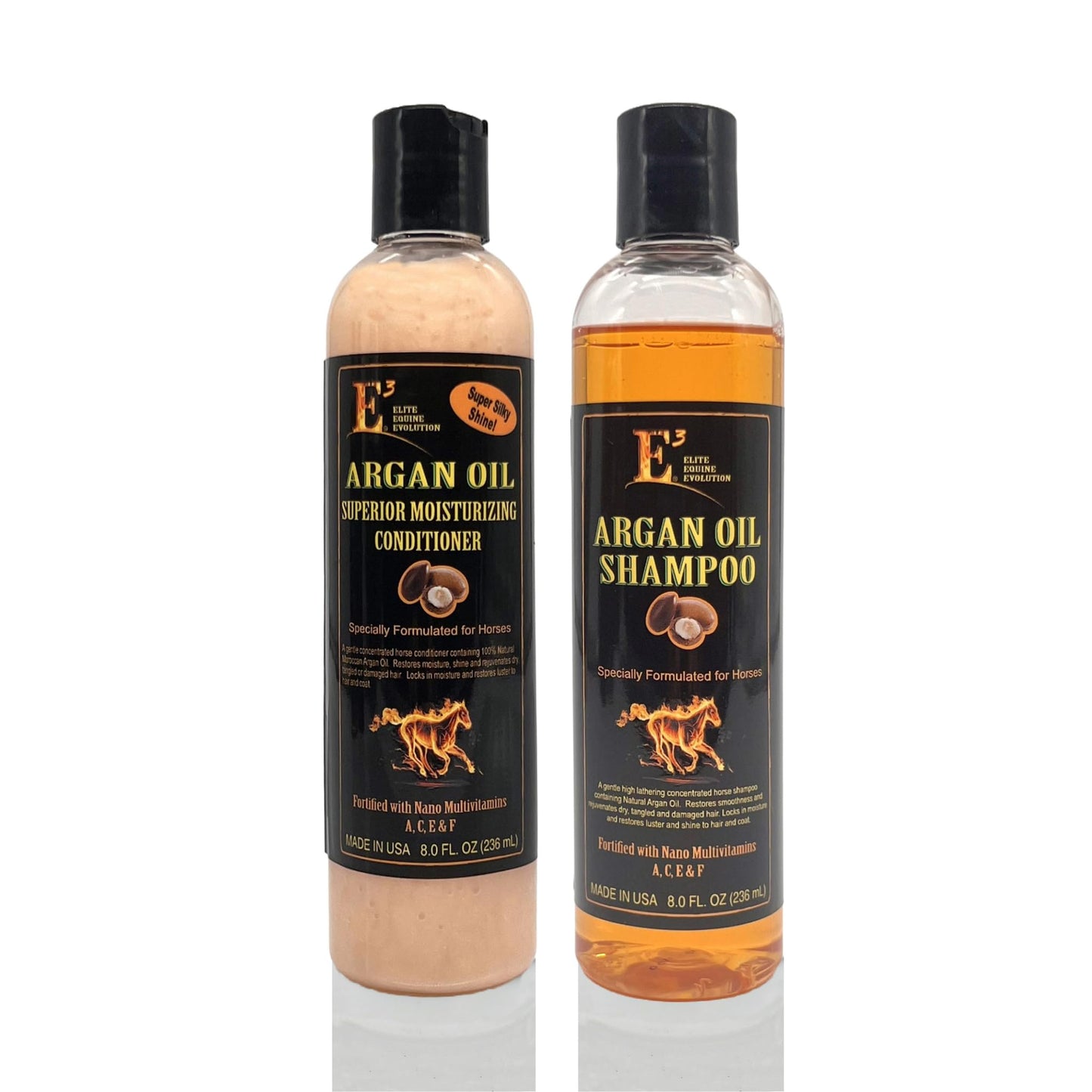 E3 Argan Oil Shampoo + Conditioner 8 oz - E3 Argan Oil Shampoo for Horses - Deep Moisturizing, Strengthens Hair, Enhances Shine, Gentle Formula, Vet Approved