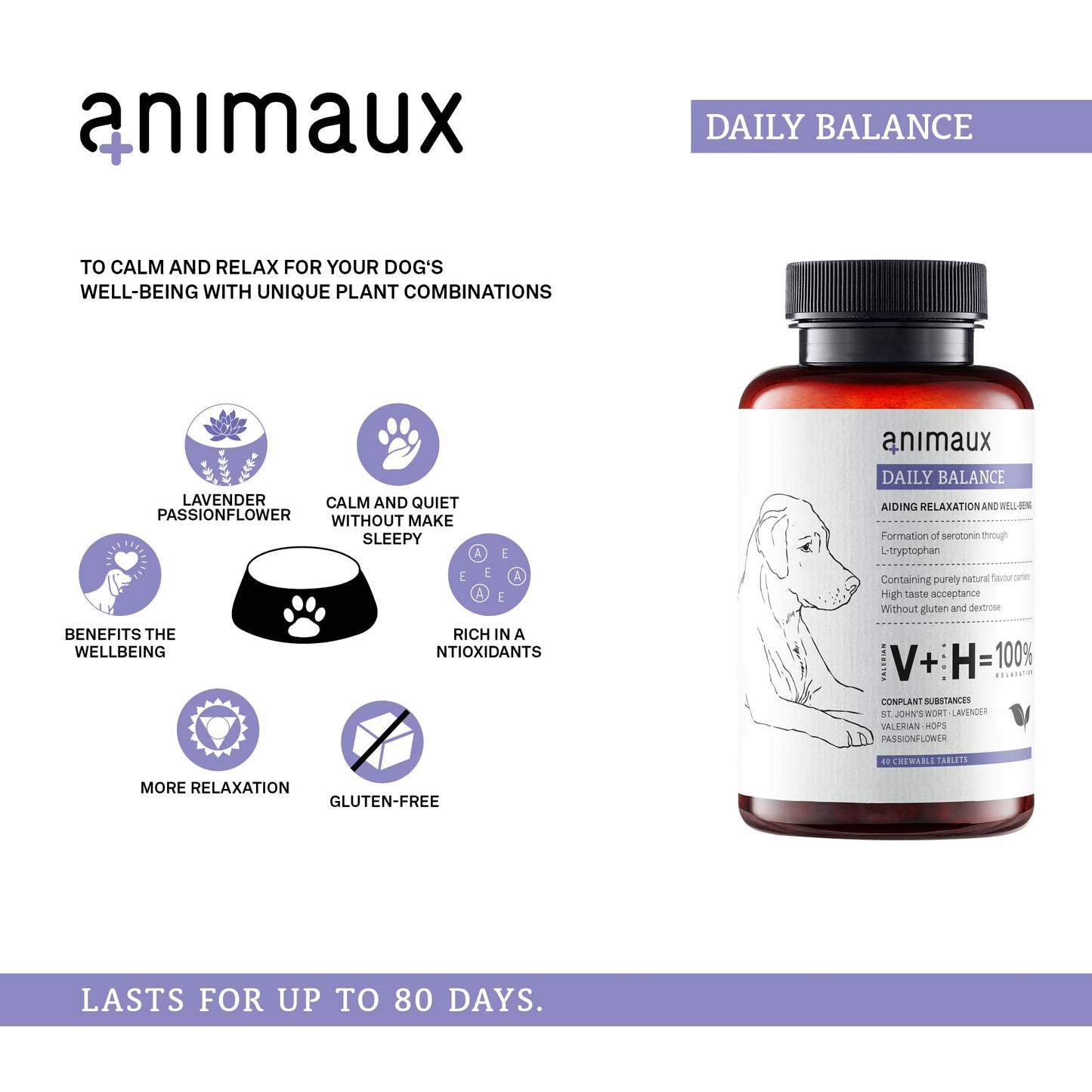animaux Daily Balance – 40 Chewable Tablets for Dogs with Valerian, St. John's Wort & Lavender | Herbal Supplement for Dogs