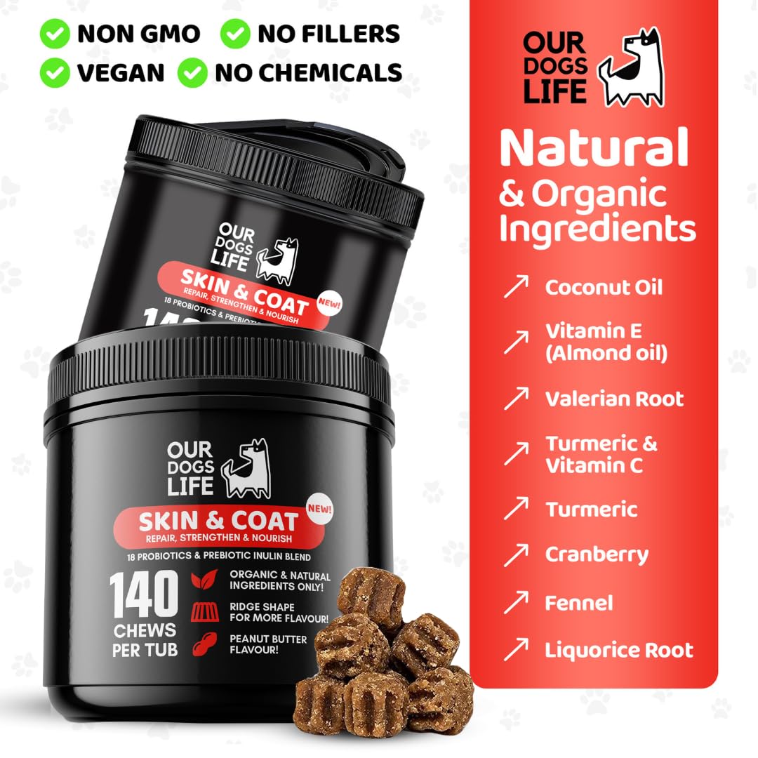 Skin & Coat Supplement for Dogs 140 Chews | for A Soft Silky Coat, Relieve Dry Skin | Veterinarian-Formulated | Essential Omega-3 EPA and DHA Blend | Non-GMO, No Fillers & Gluten Free
