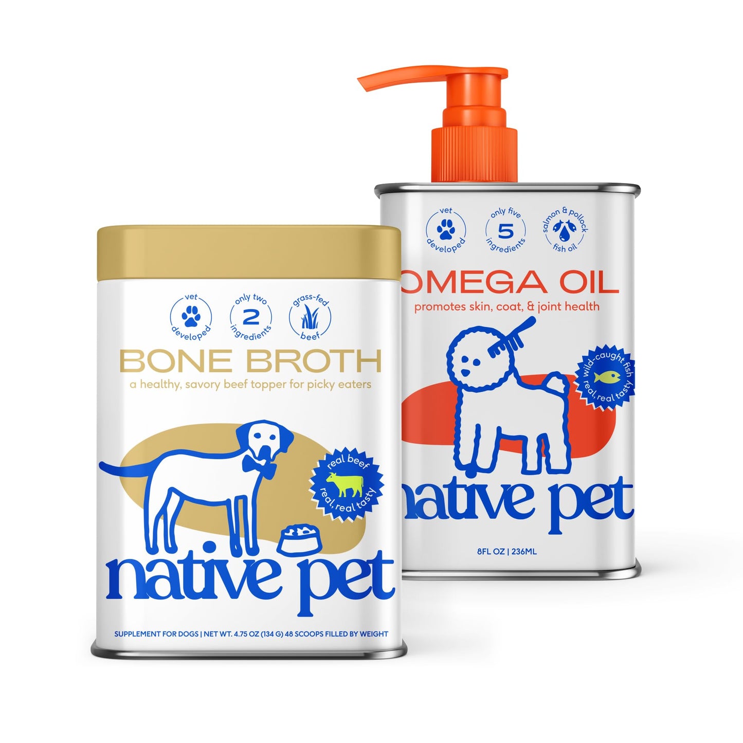 Native Pet Omega Oil for Dogs (8 oz.) & Beef Bone Broth for Dogs (4.75 oz.) - Made with Wild Alaskan Salmon Oil for Dogs - EPA DHA and Dog Bone Broth Powder Food Topper for Picky Eater