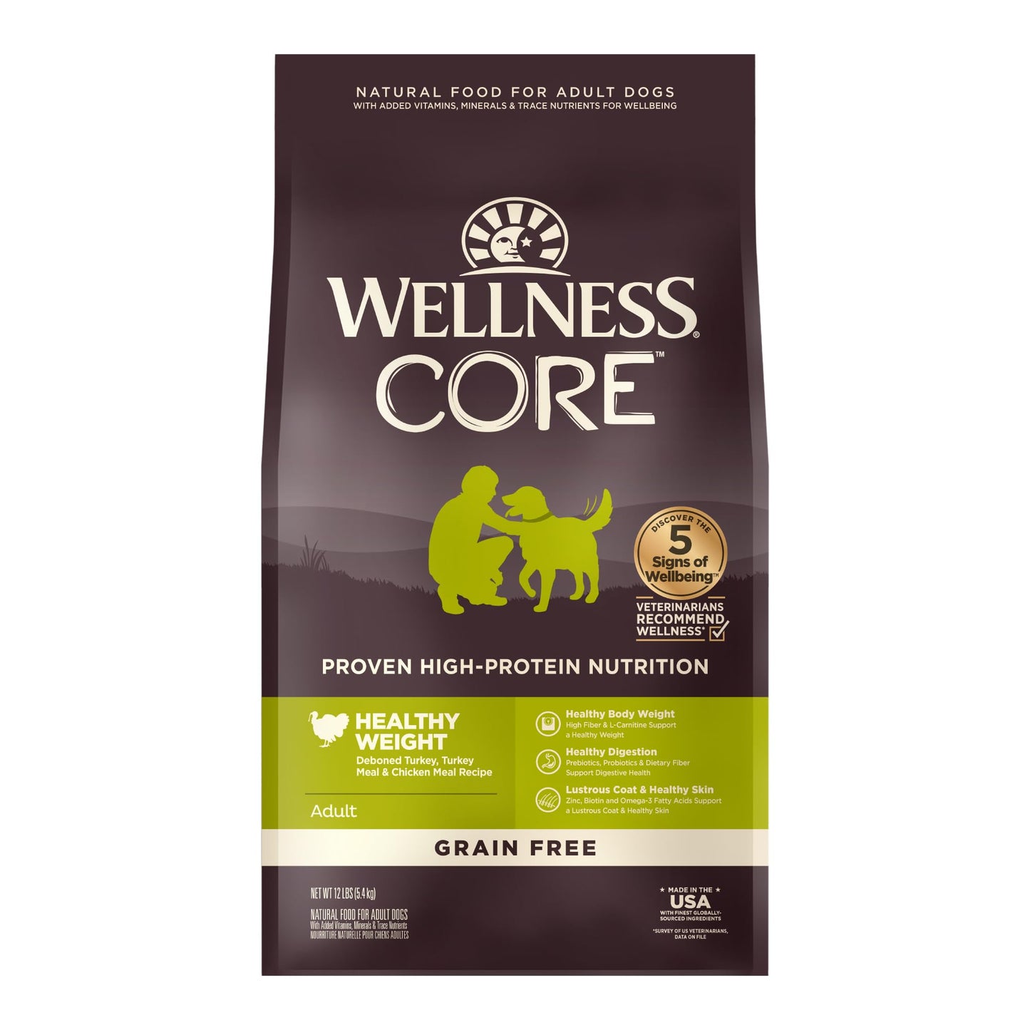 Wellness CORE Dry Dog Food, Grain-Free, High Protein, Natural, Healthy Weight Turkey & Chicken Recipe, (12-Pound Bag)