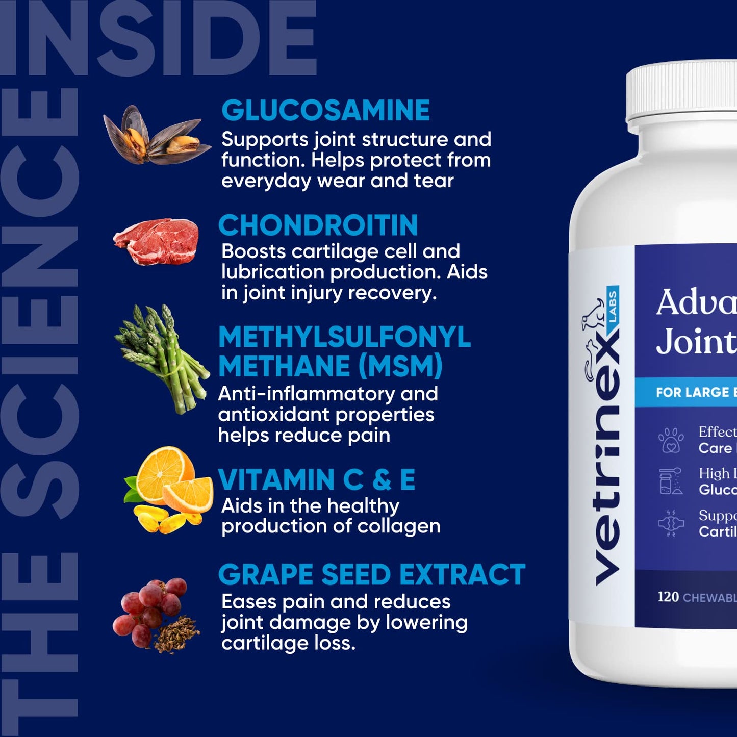 Vetrinex Labs Joint Support Supplement for Large Dogs - Hip and Joint Chewable Tablets for Small, Medium & Large Breed Dogs with Glucosamine, Chondroitin, and MSM, Beef Flavor, 120 Tablets