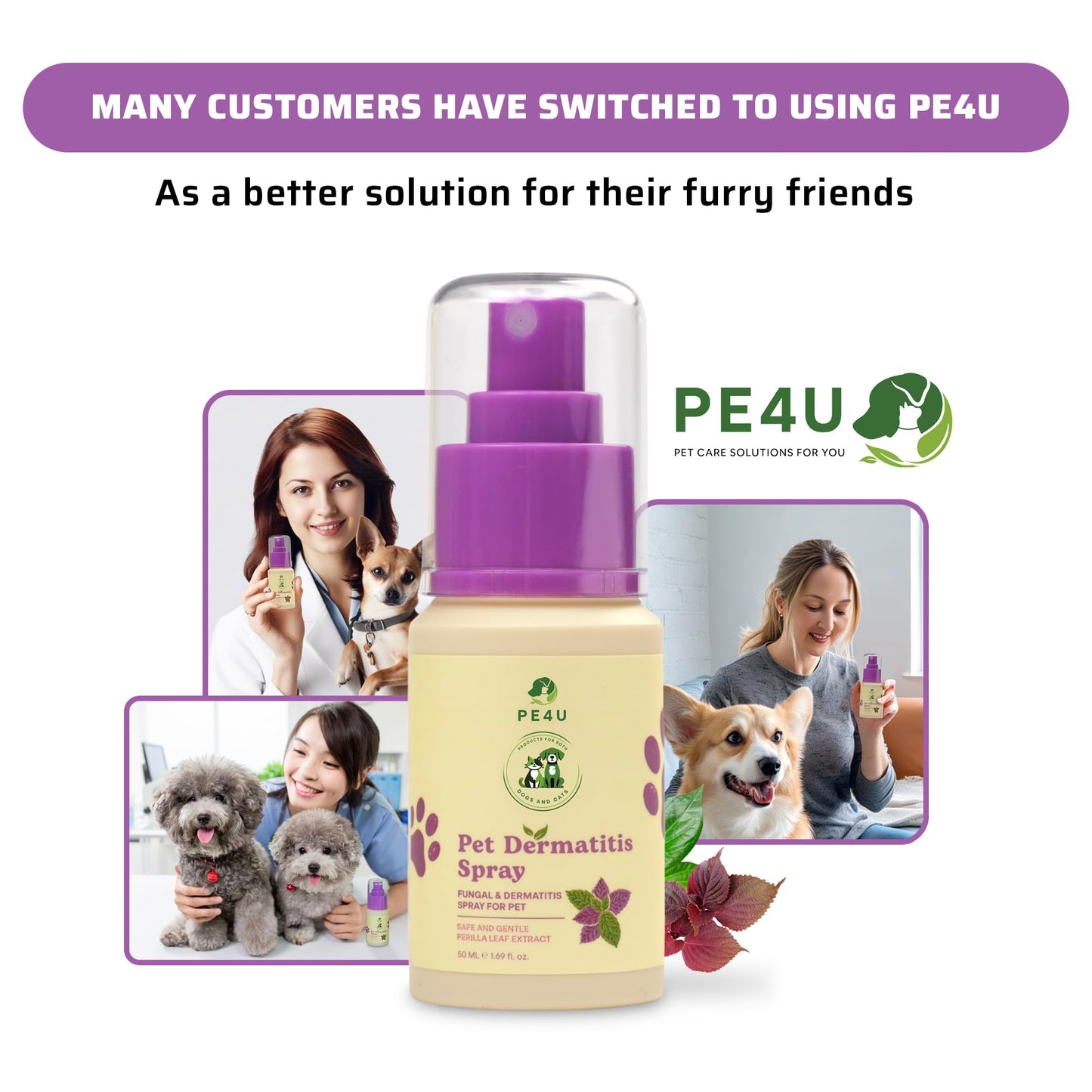 PE4U Pet Relief Spray for Dogs & Cats - Natural Perilla Leaf Extract, Safe for Sensitive Skin - Soothes Itching, Reduces Dermatitis, Protects & Refreshes - [Spray + Shampoo + GIF]