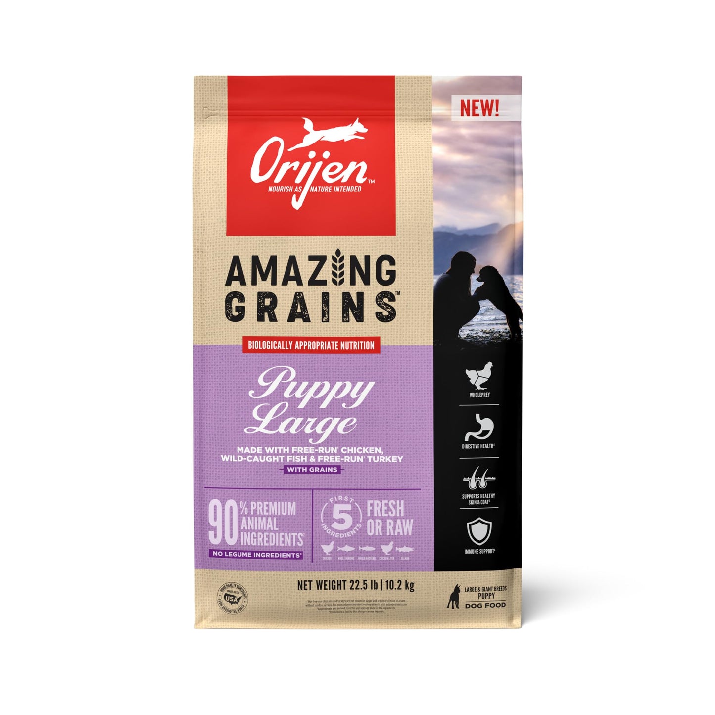 ORIJEN Amazing Grains High Protein Dry Dog Food Puppy Large Breed Recipe 22.5lb Bag