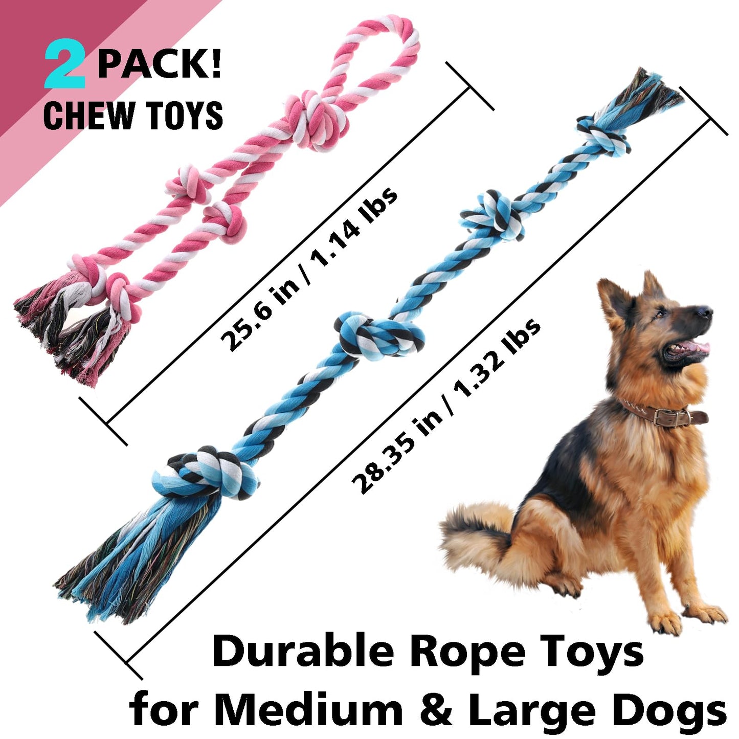 Kwispel Rope Toy for Dogs, 2 Pack Large Dog Rope Toys for Aggressive Chewers, Heavy Duty Dog Toys for Large Medium Breed, Indestructible Tough Rope Chew Toys Tug of War Dog Toy Teeth Cleaning