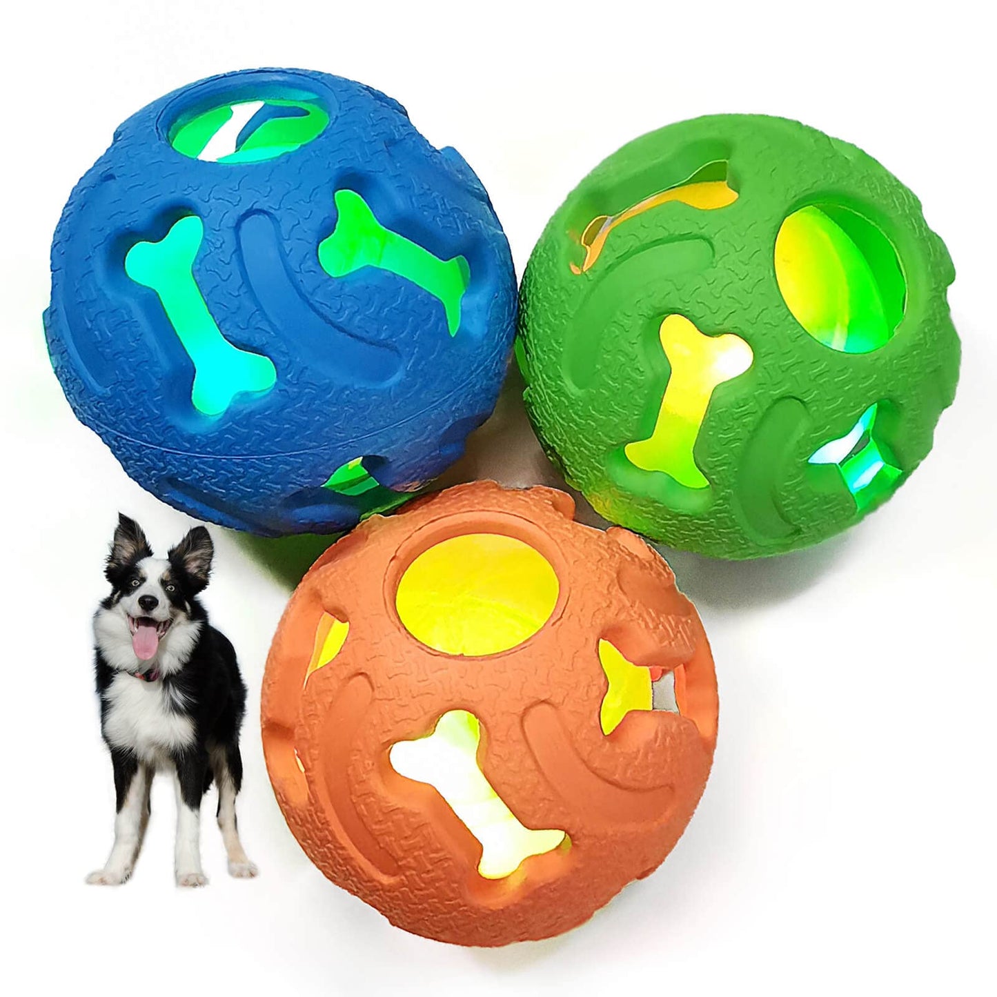Leejec Dog Toys, 2.5" Interactive Light up Balls, Chew Toys for Medium and Small Breed, Rubber Durable Fetch Training Balls, Pet Birthday Gift, 3-Pack