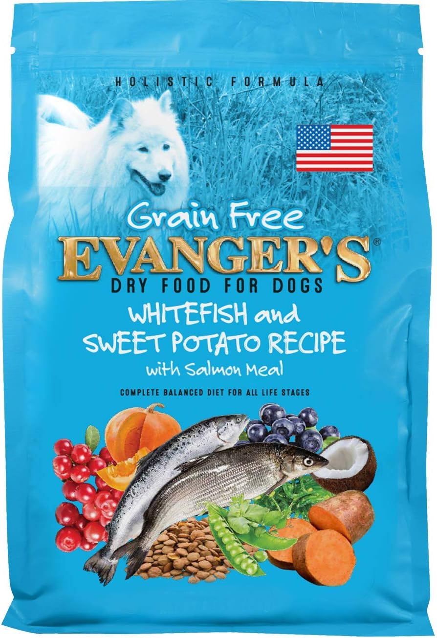 Evanger's Grain Free Whitefish and Sweet Potato Recipe with Salmon Meal Dry Food for Dogs – 4.4 lb – Chicken & Poultry Free – With Prebiotics, Coconut Oil & Omega Fatty Acids – For All Life Stages