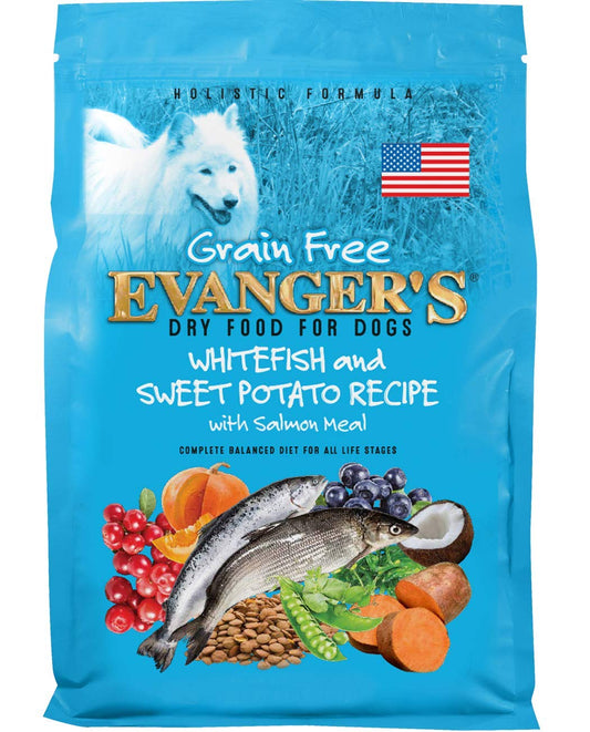 Evanger's Grain Free Whitefish and Sweet Potato Recipe with Salmon Meal Dry Food for Dogs – 4.4 lb – Chicken & Poultry Free – With Prebiotics, Coconut Oil & Omega Fatty Acids – For All Life Stages