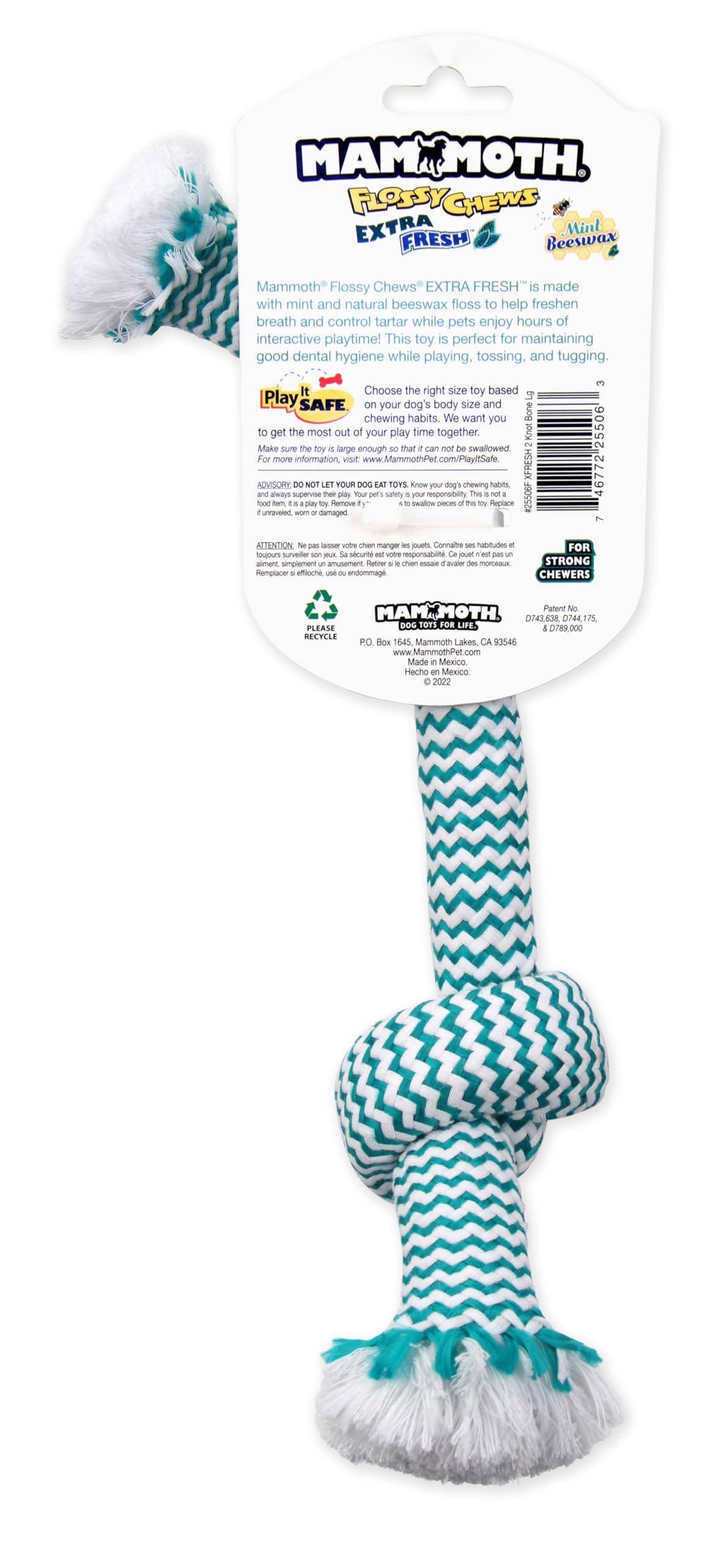 Mammoth Flossy Chews EXTRA FRESH 2 Knot Bone - Premium Cotton-Poly Yarn with Dental Floss Tug Toy for Dogs - Interactive Dog Rope Toy - Tug Dog Chew Toy for Medium Dogs - Large, 14”
