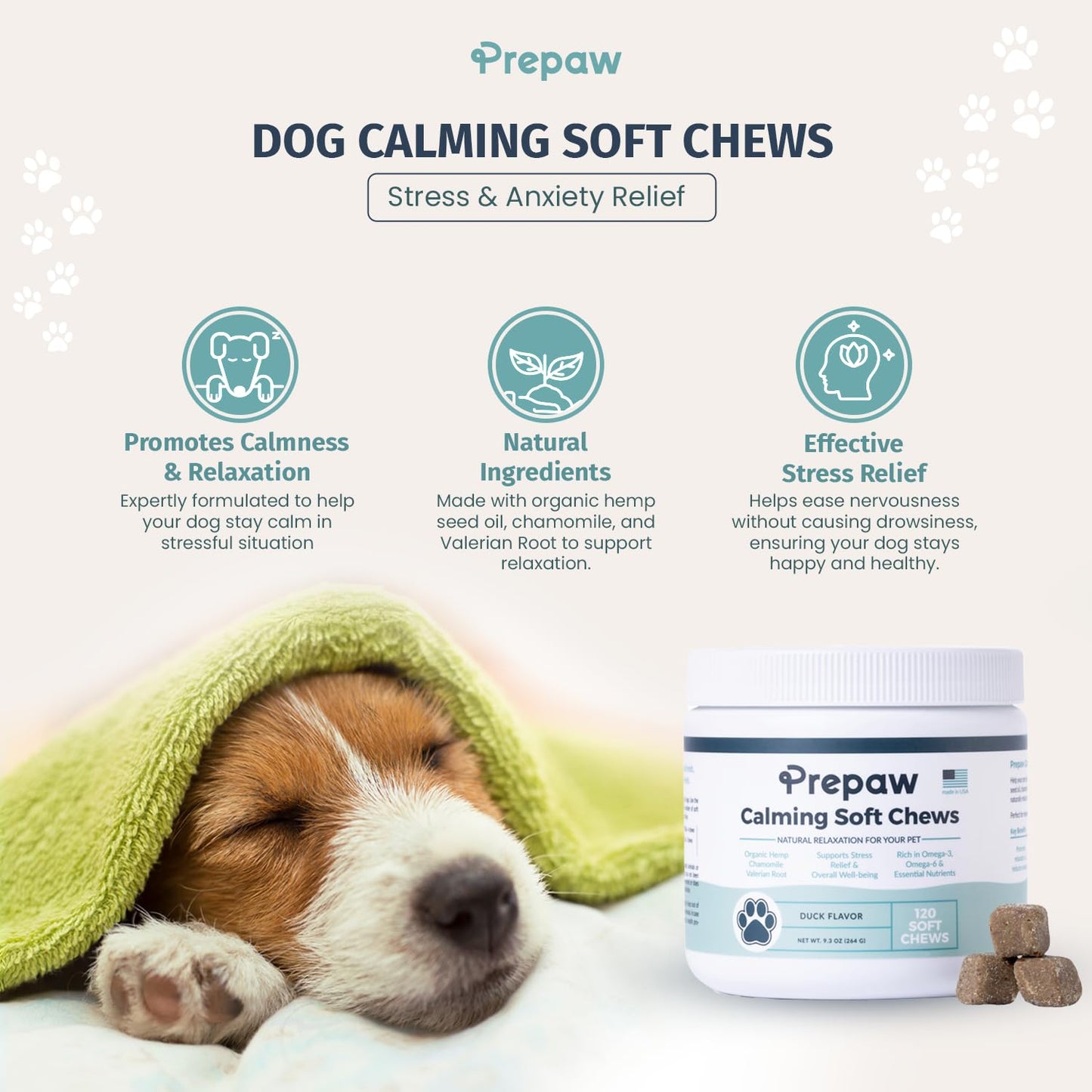 Prepaw Calming Hemp Soft Chews for Dogs - Natural Calming Treats with Organic Hemp Seed Oil, Chamomile, Valerian Root & Passion Flower - Anxiety & Stress Relief Bites | USA Made, 120 Soft Chews